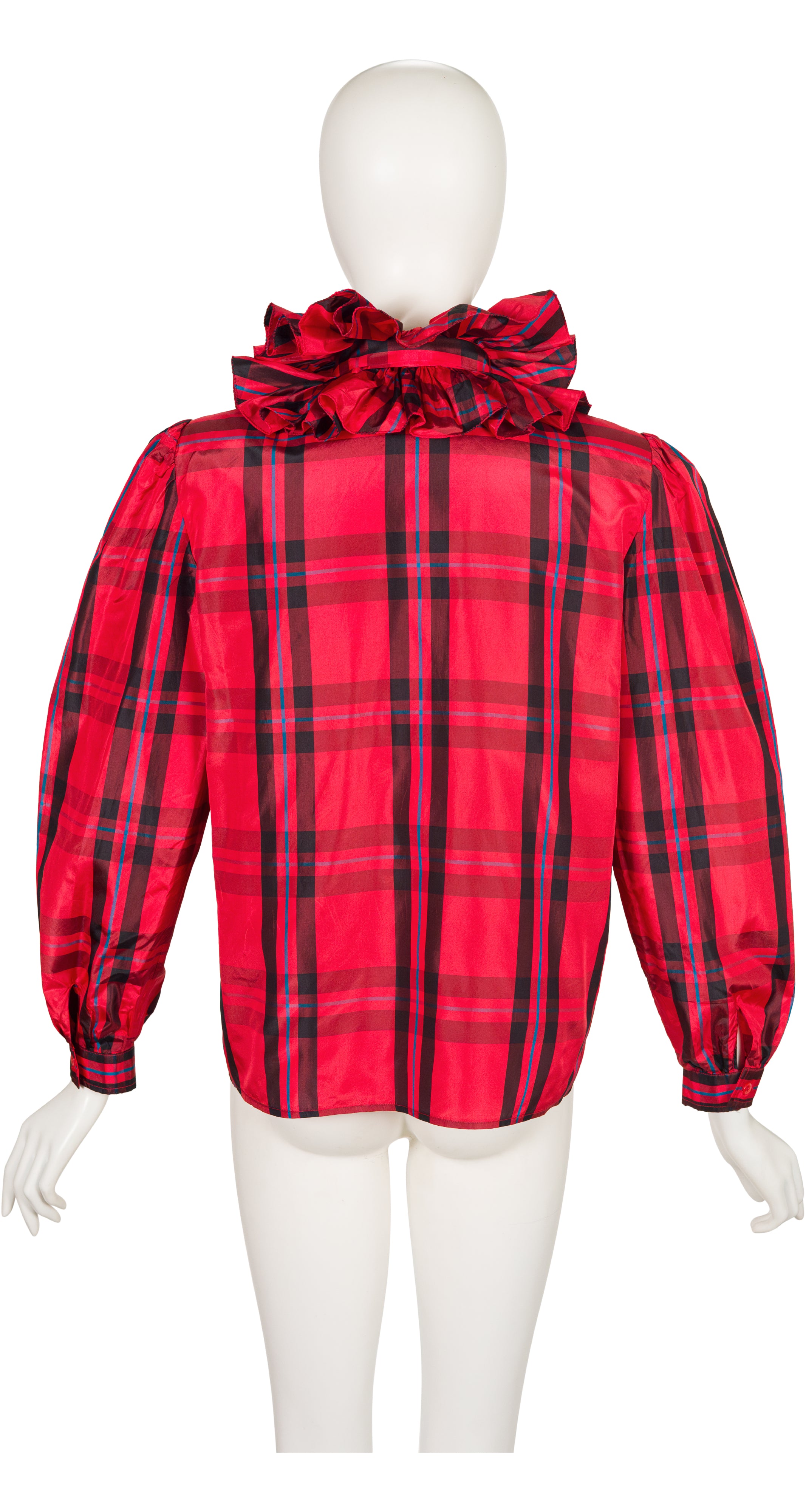 1980s Red Plaid Silk Taffeta Ruffle Collar Blouse