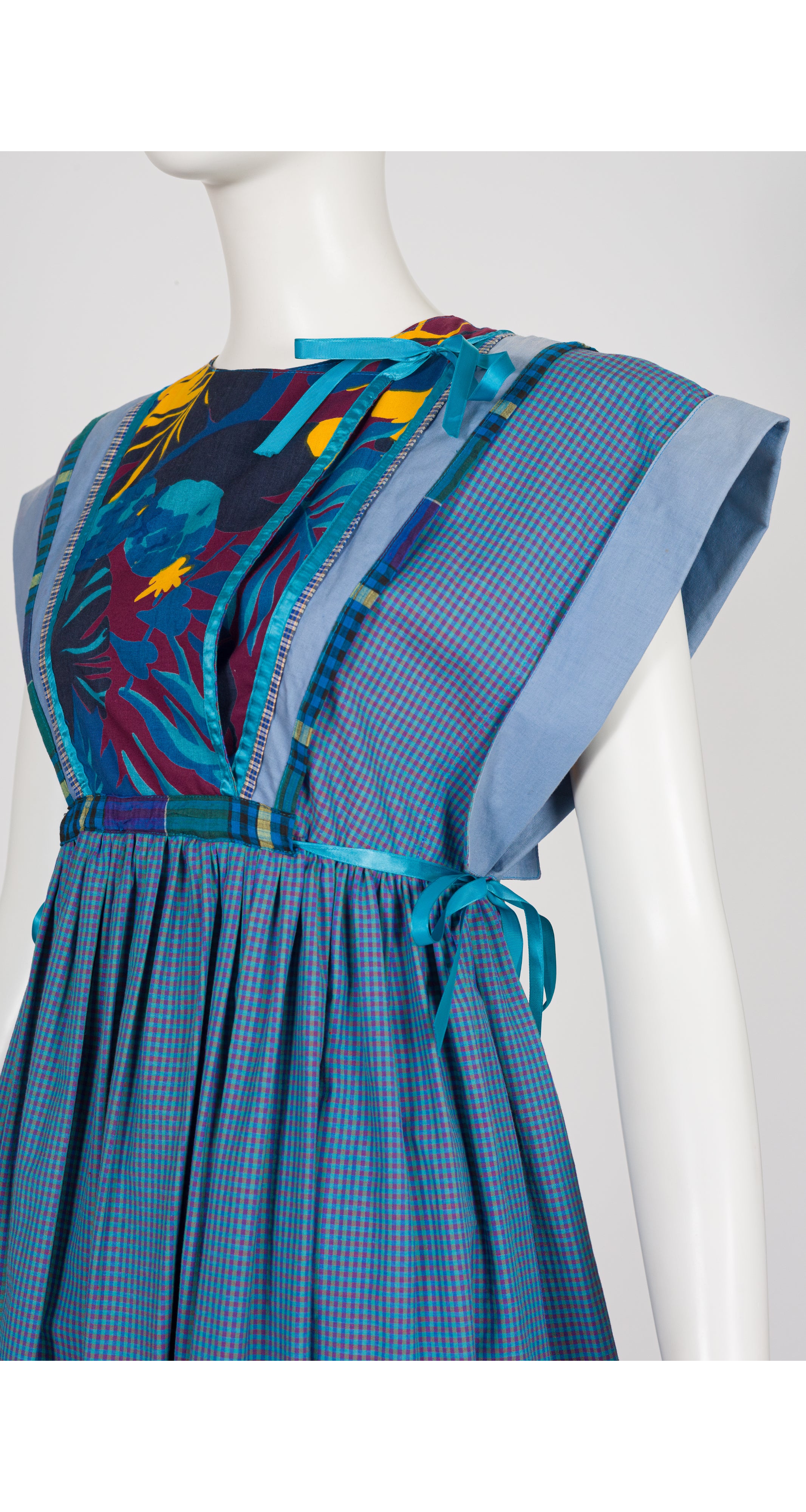 1980s Mixed Print Blue Gingham Cotton Bib Dress