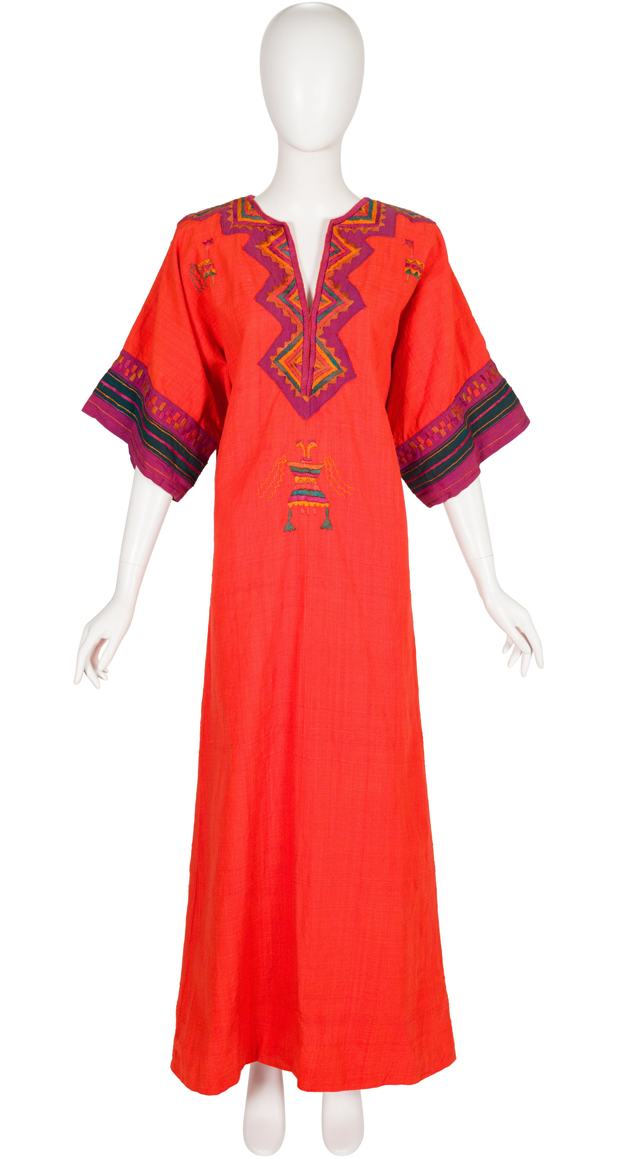 1970s Hand-Embroidered Rooster Orange Cotton Caftan Dress