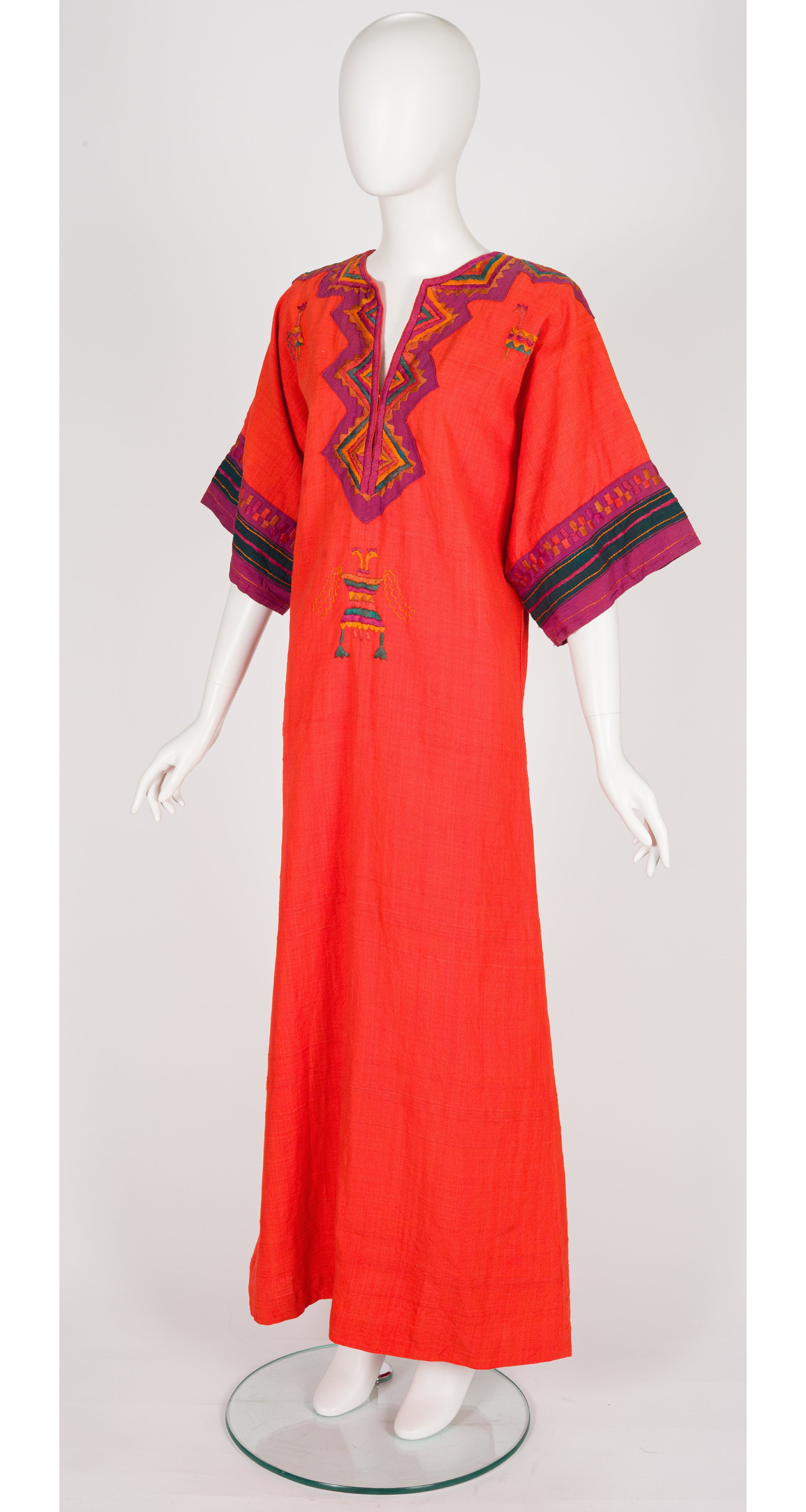 1970s Hand-Embroidered Rooster Orange Cotton Caftan Dress
