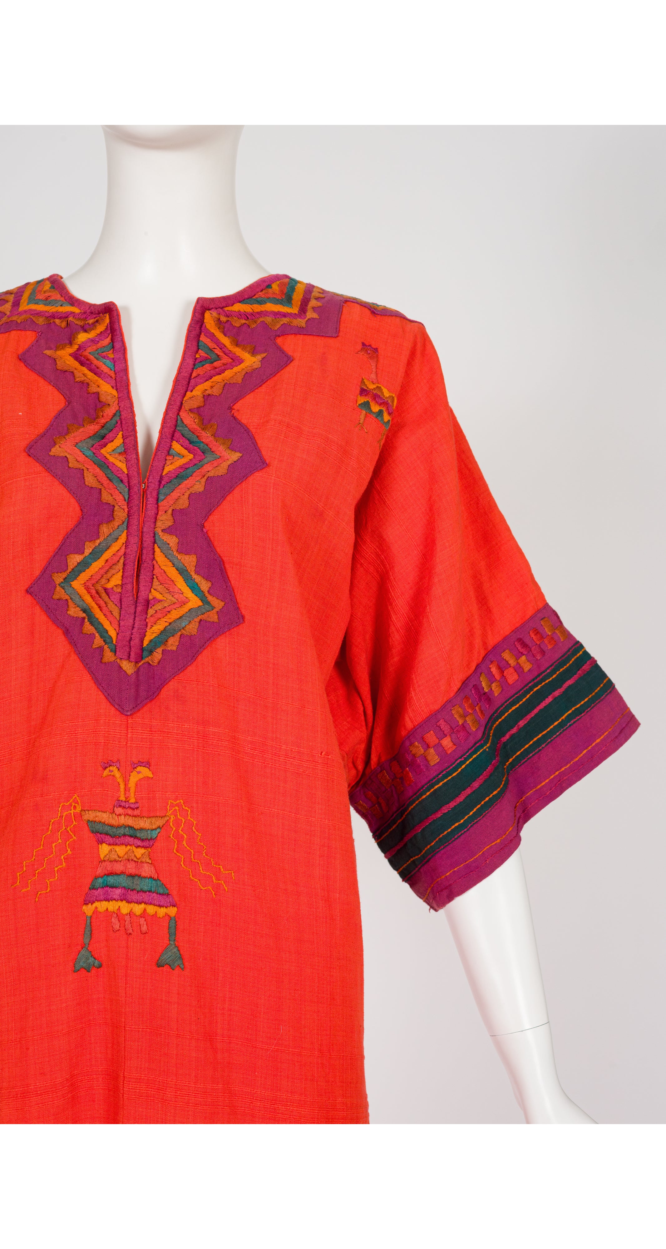 1970s Hand-Embroidered Rooster Orange Cotton Caftan Dress