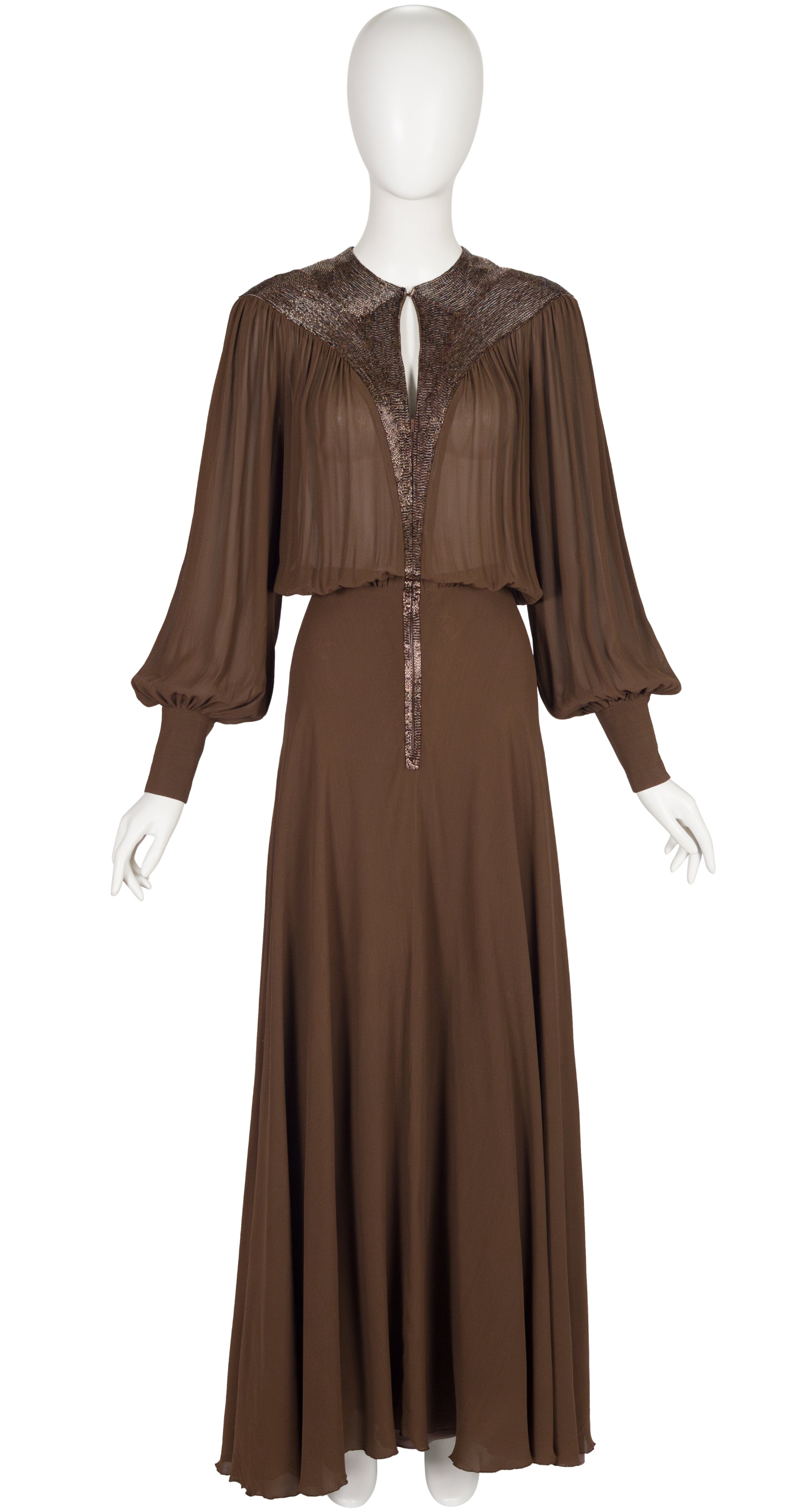 1970s Beaded Brown Silk Chiffon Bishop Sleeve Evening Gown