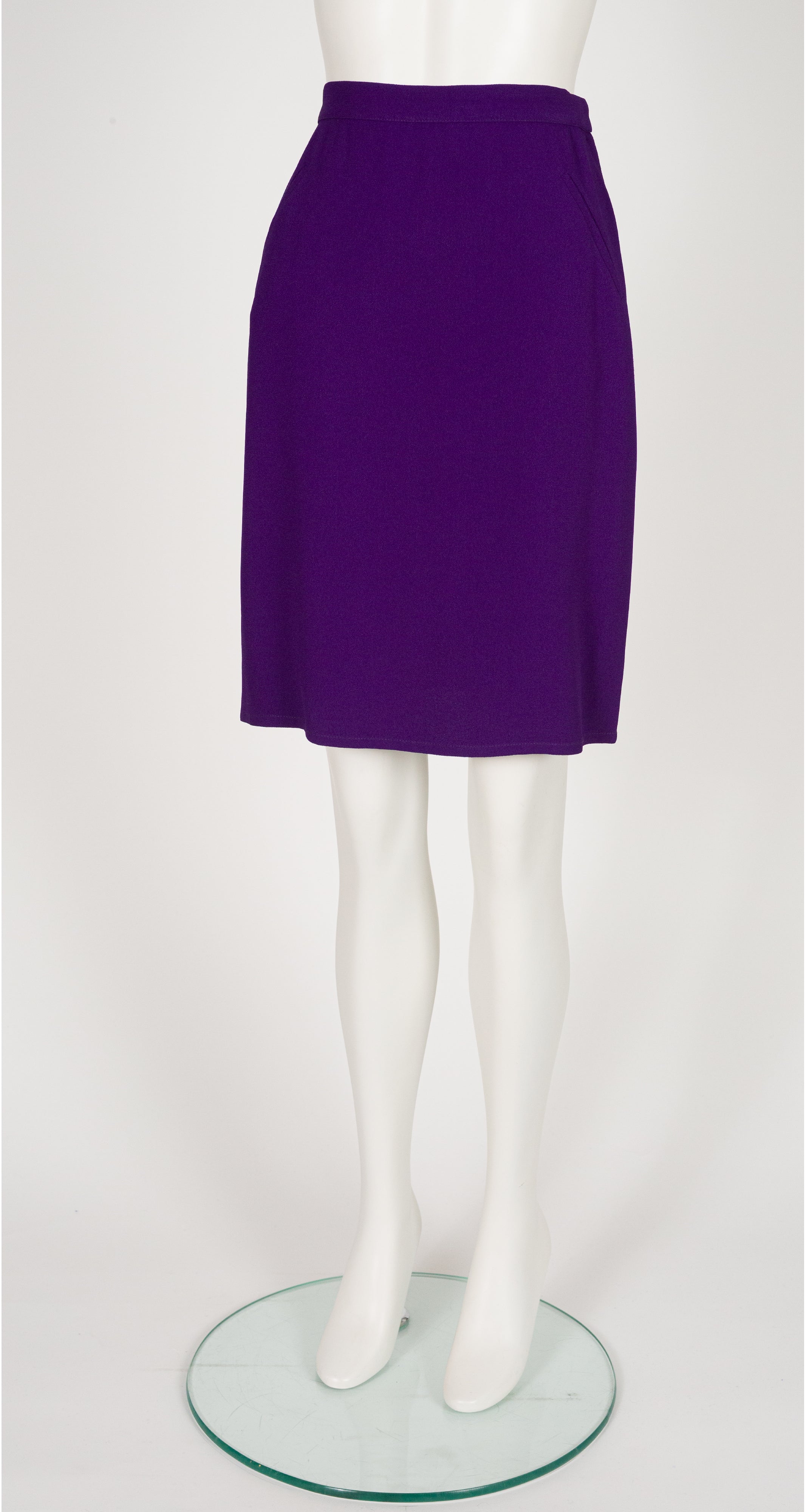 1990s Purple Rayon Crepe Bow Skirt Suit