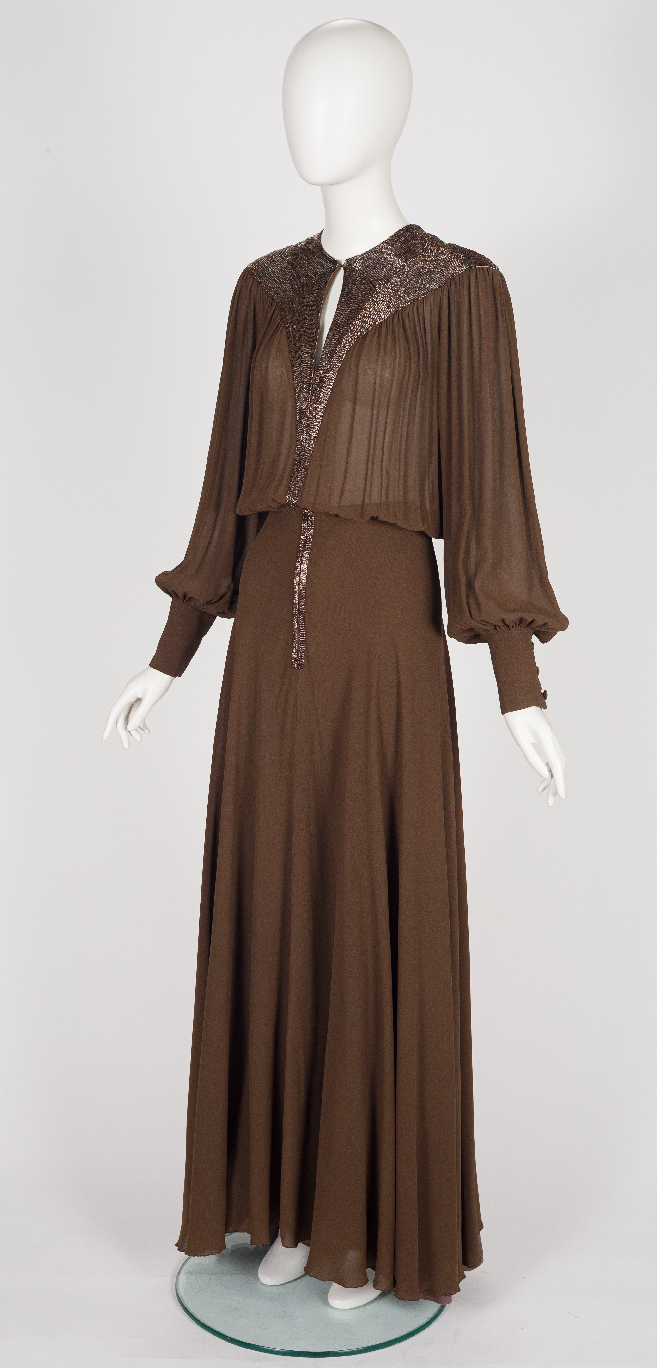 1970s Beaded Brown Silk Chiffon Bishop Sleeve Evening Gown
