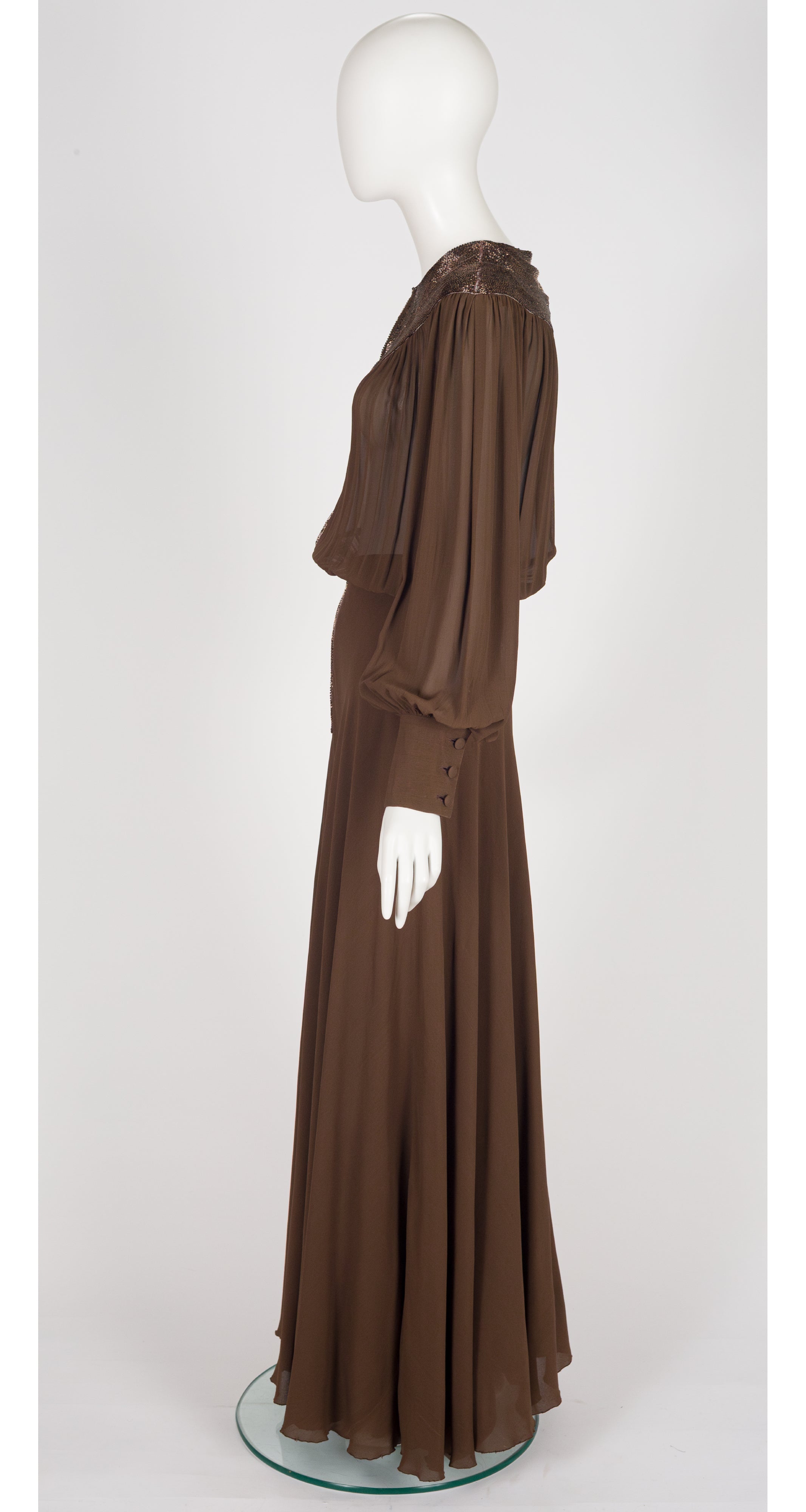 1970s Beaded Brown Silk Chiffon Bishop Sleeve Evening Gown