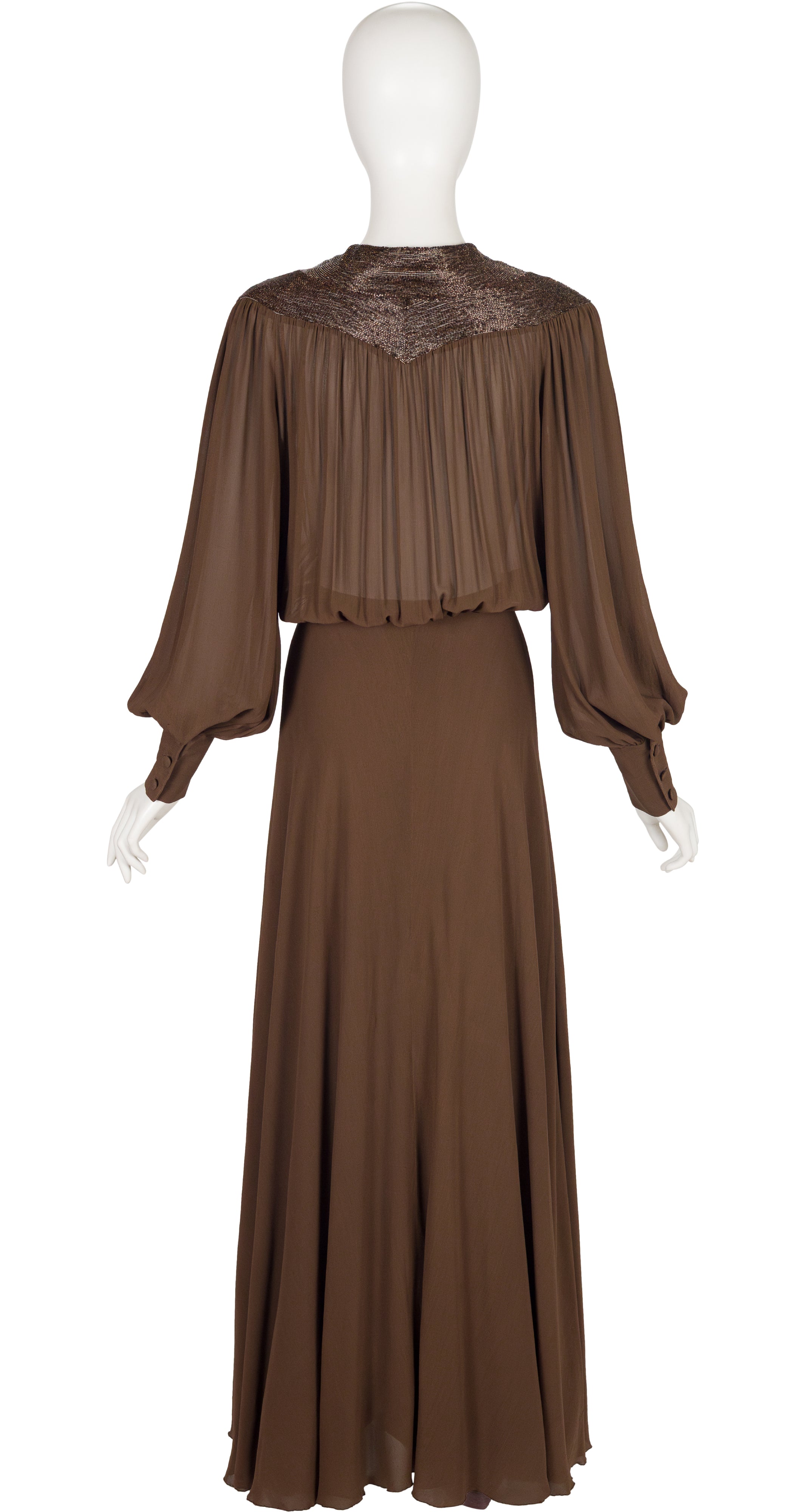1970s Beaded Brown Silk Chiffon Bishop Sleeve Evening Gown