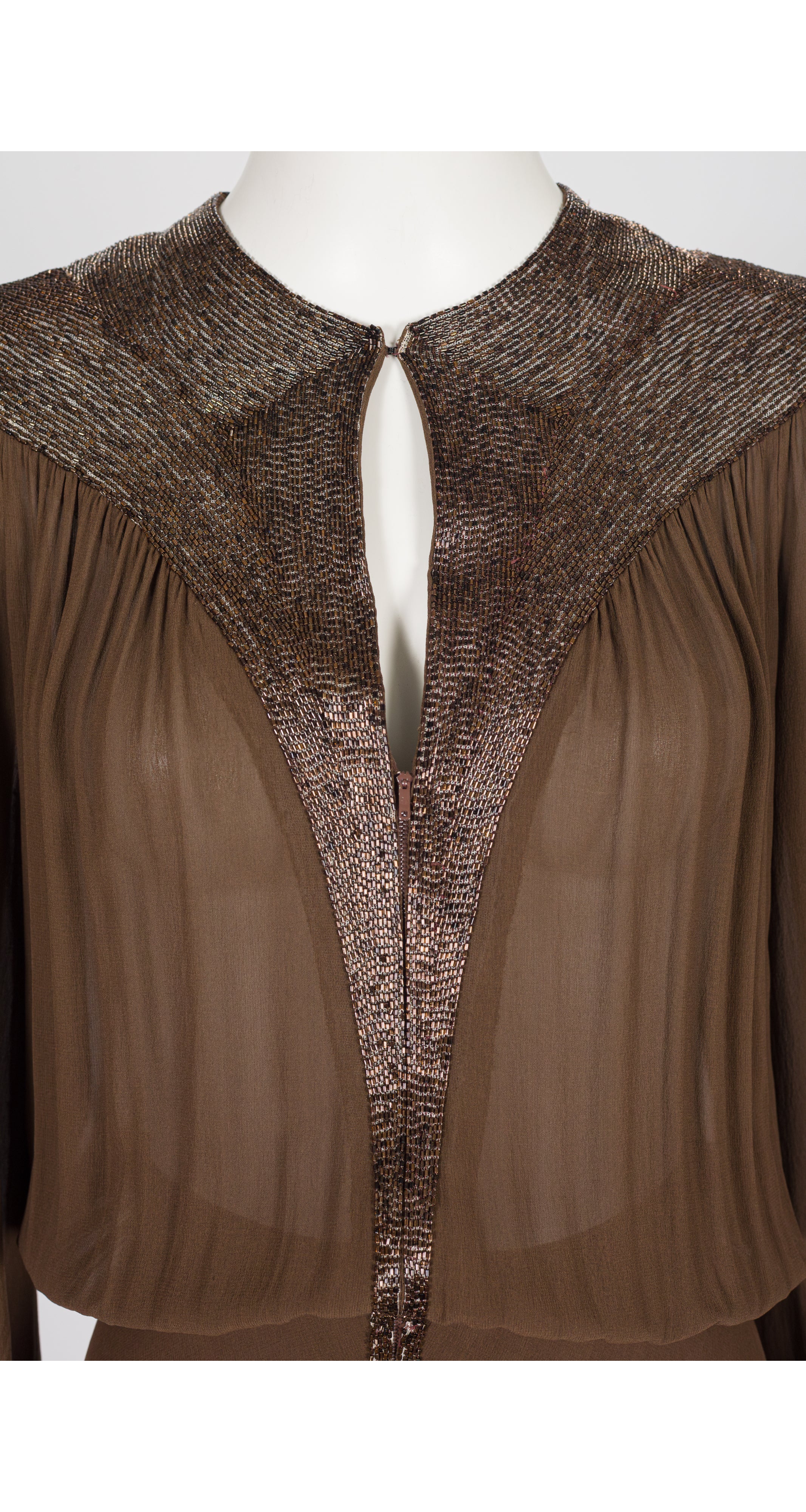 1970s Beaded Brown Silk Chiffon Bishop Sleeve Evening Gown