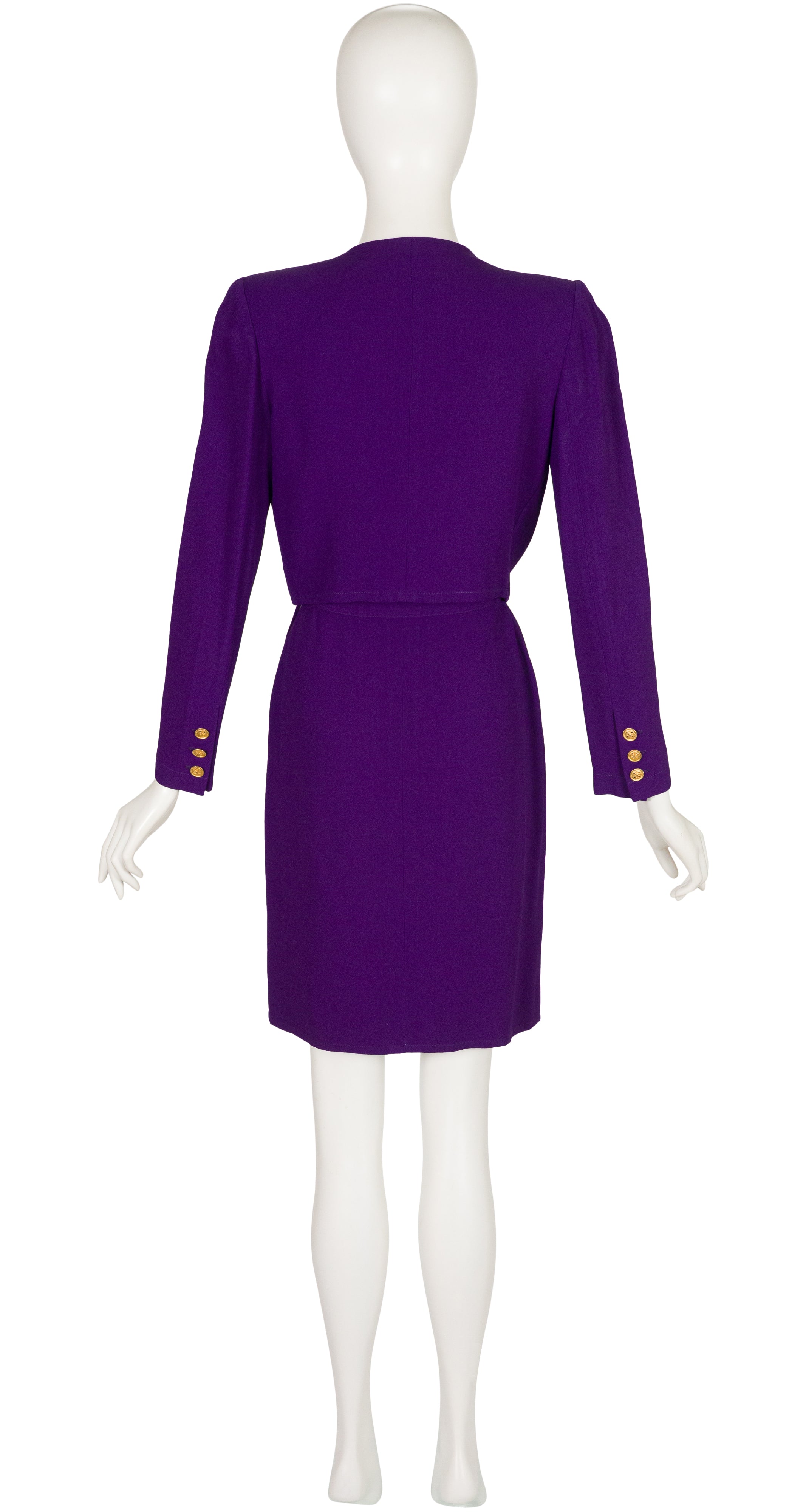1990s Purple Rayon Crepe Bow Skirt Suit