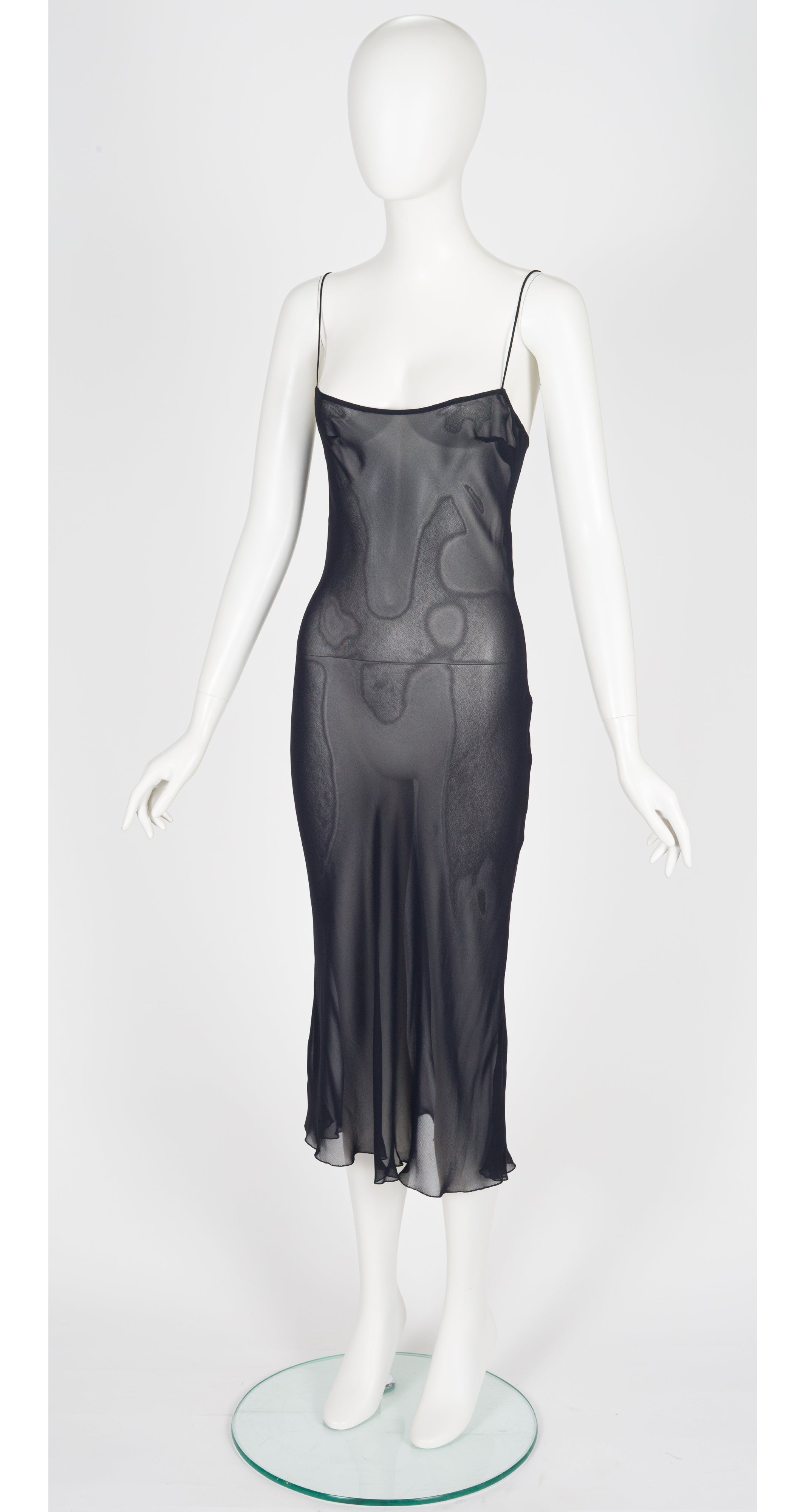 1997 S/S Navy Chiffon Bias-Cut Ruffle Neck Gown