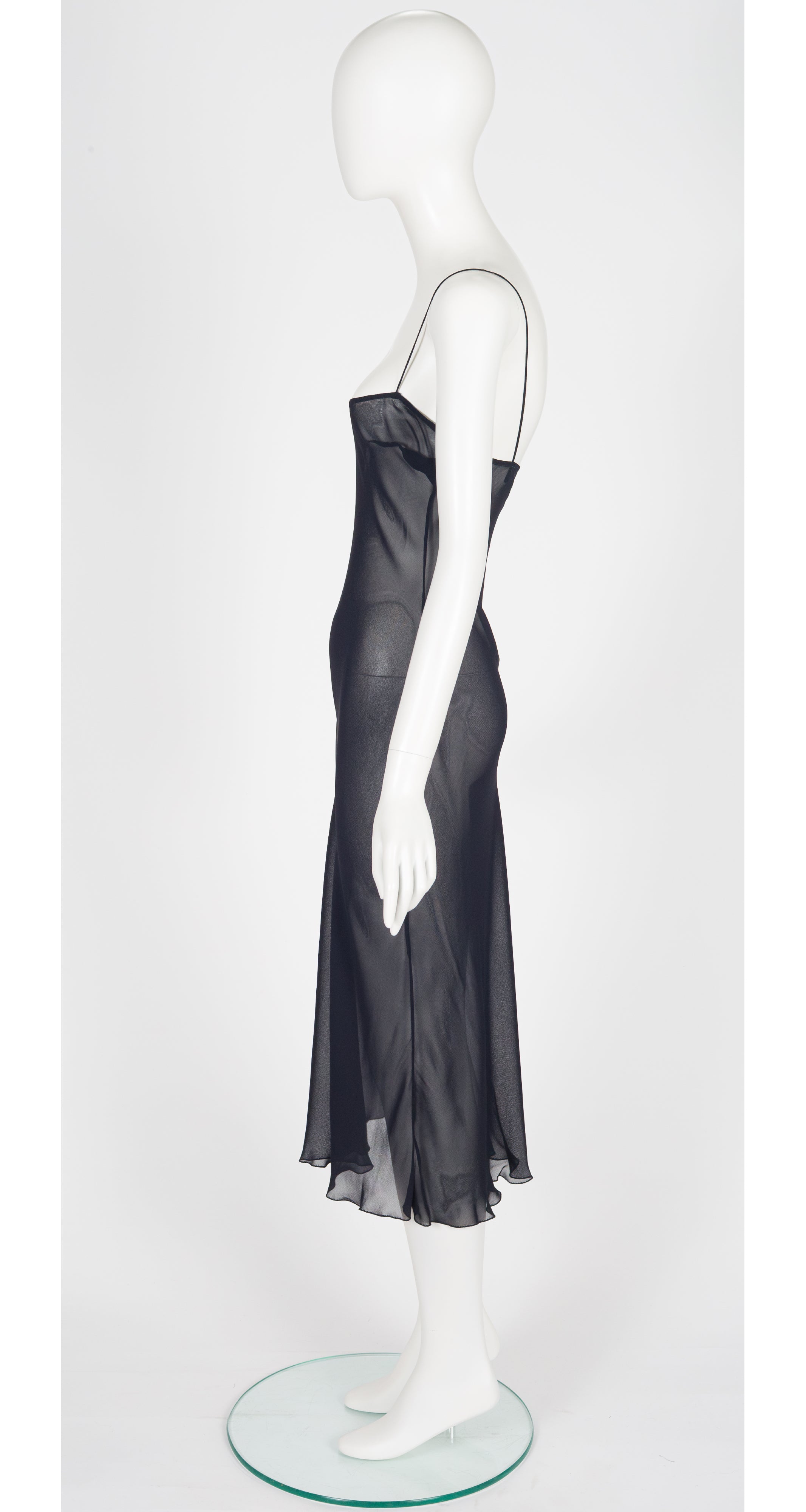1997 S/S Navy Chiffon Bias-Cut Ruffle Neck Gown