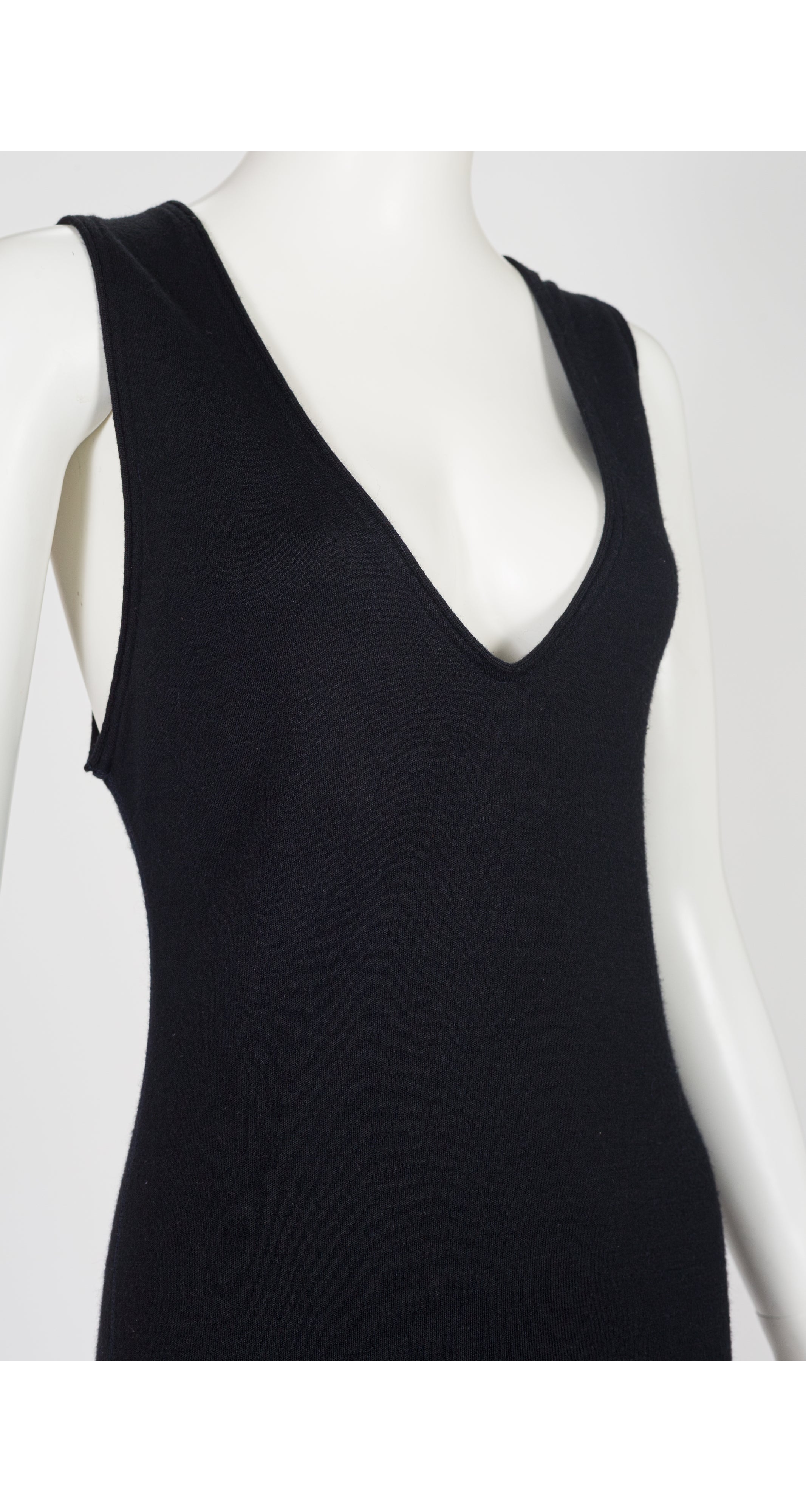 1990s Black Wool Knit Deep V Neck Midi Dress