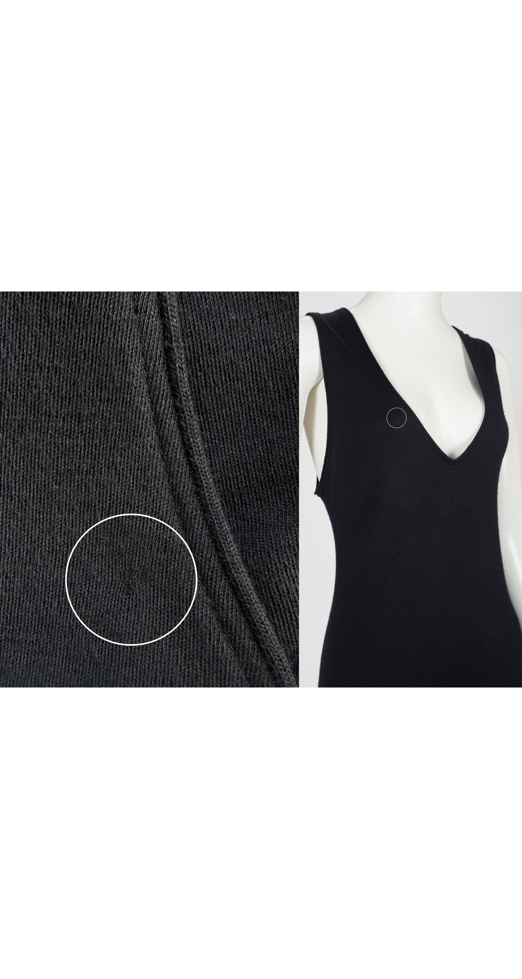1990s Black Wool Knit Deep V Neck Midi Dress