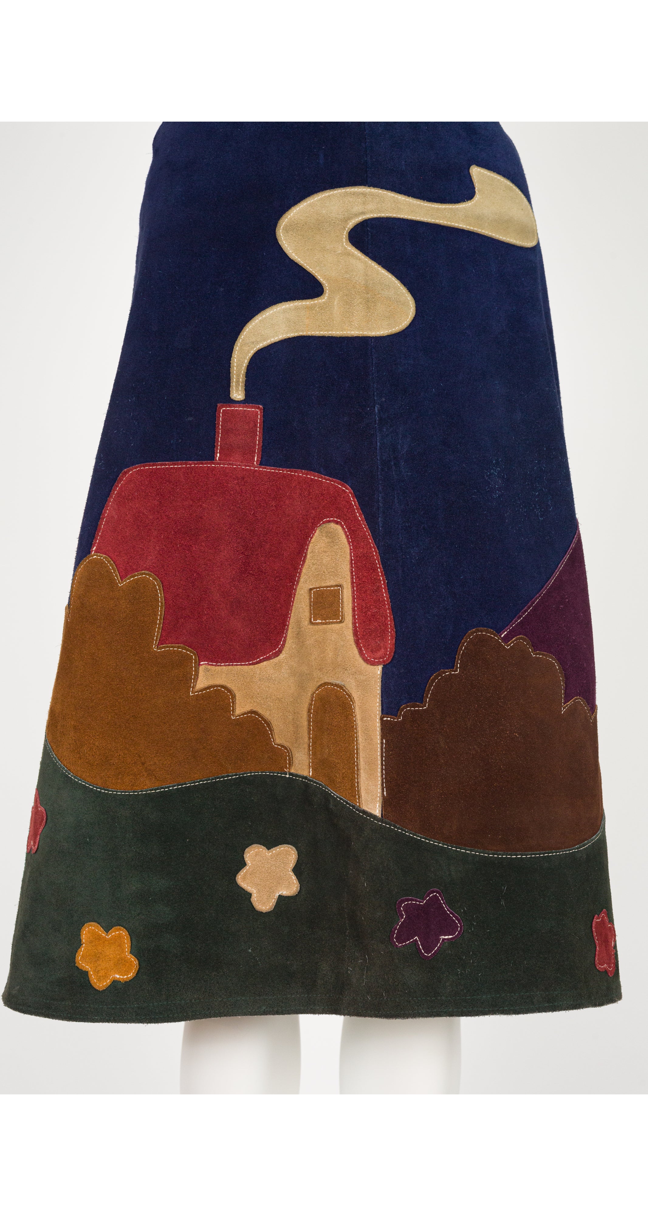 1970s Scenic Appliqué Navy Suede A-Line Midi Skirt