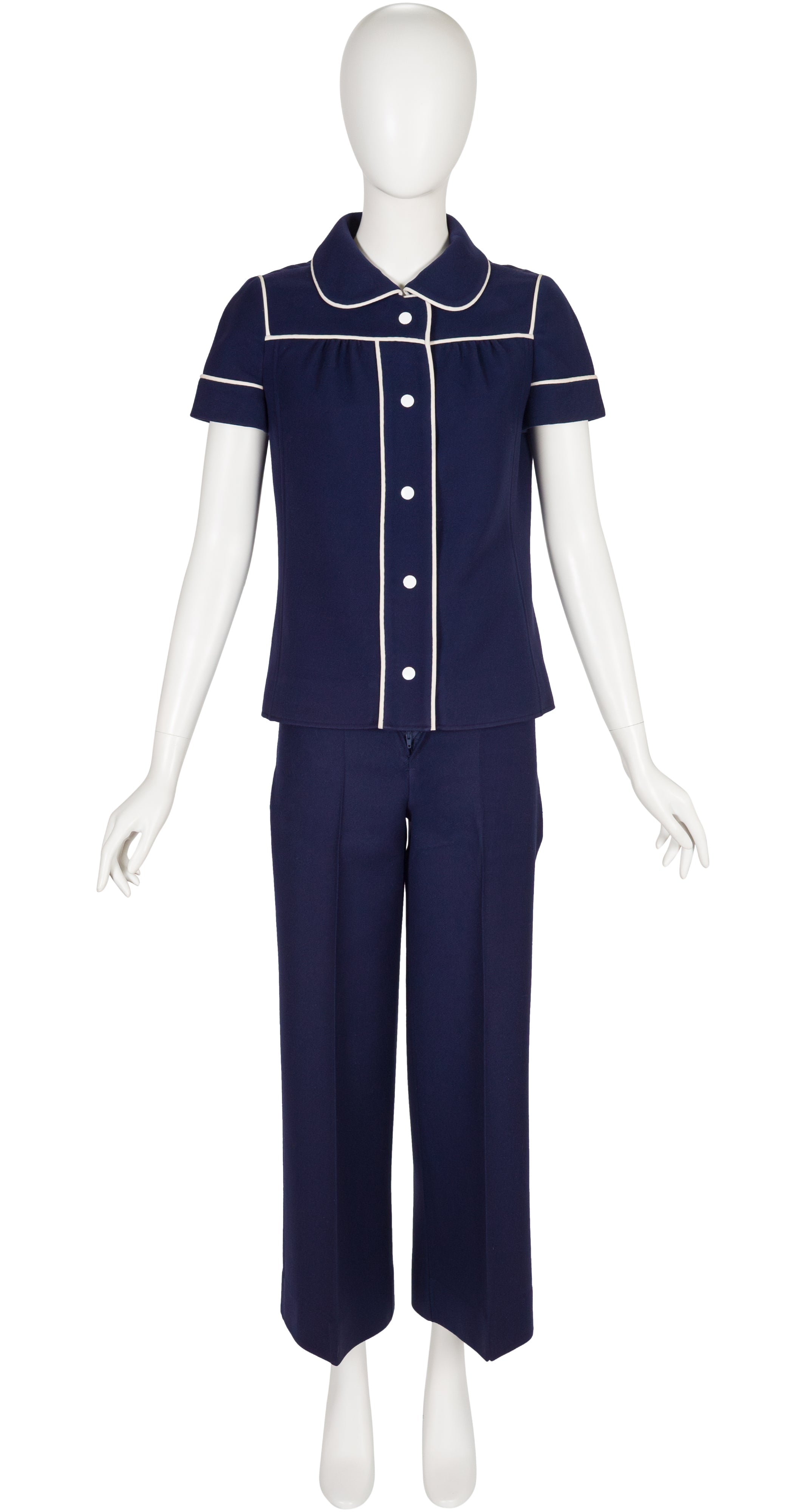 1970s Navy Wool Peter Pan Collar Pant Suit