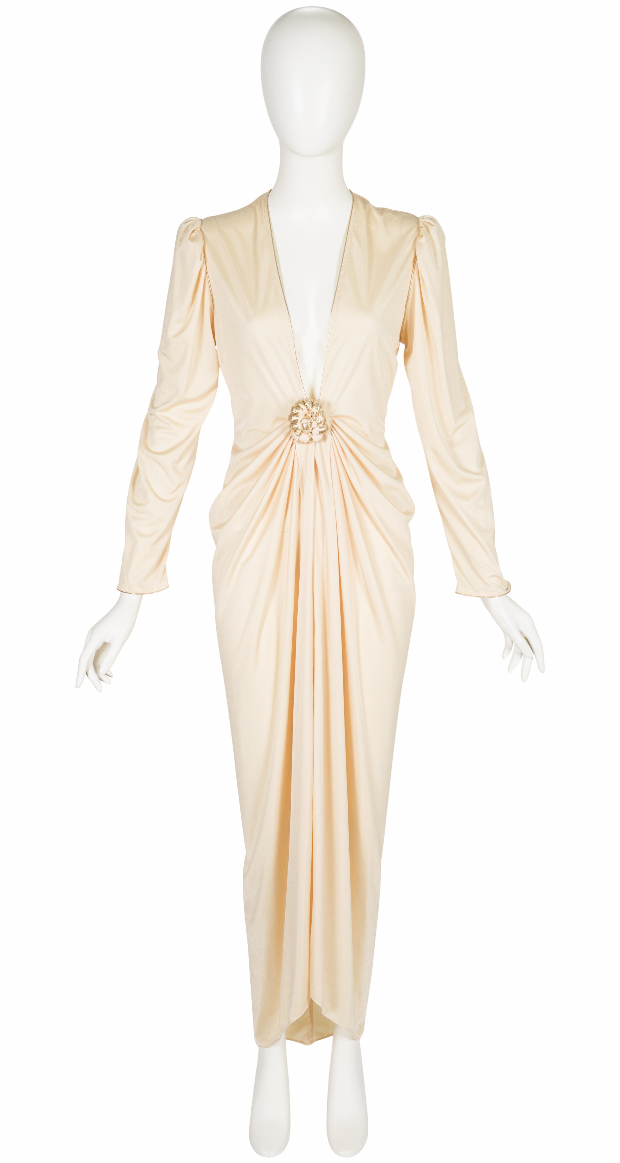 1980s Cream Jersey Plunge Neck Evening Dress