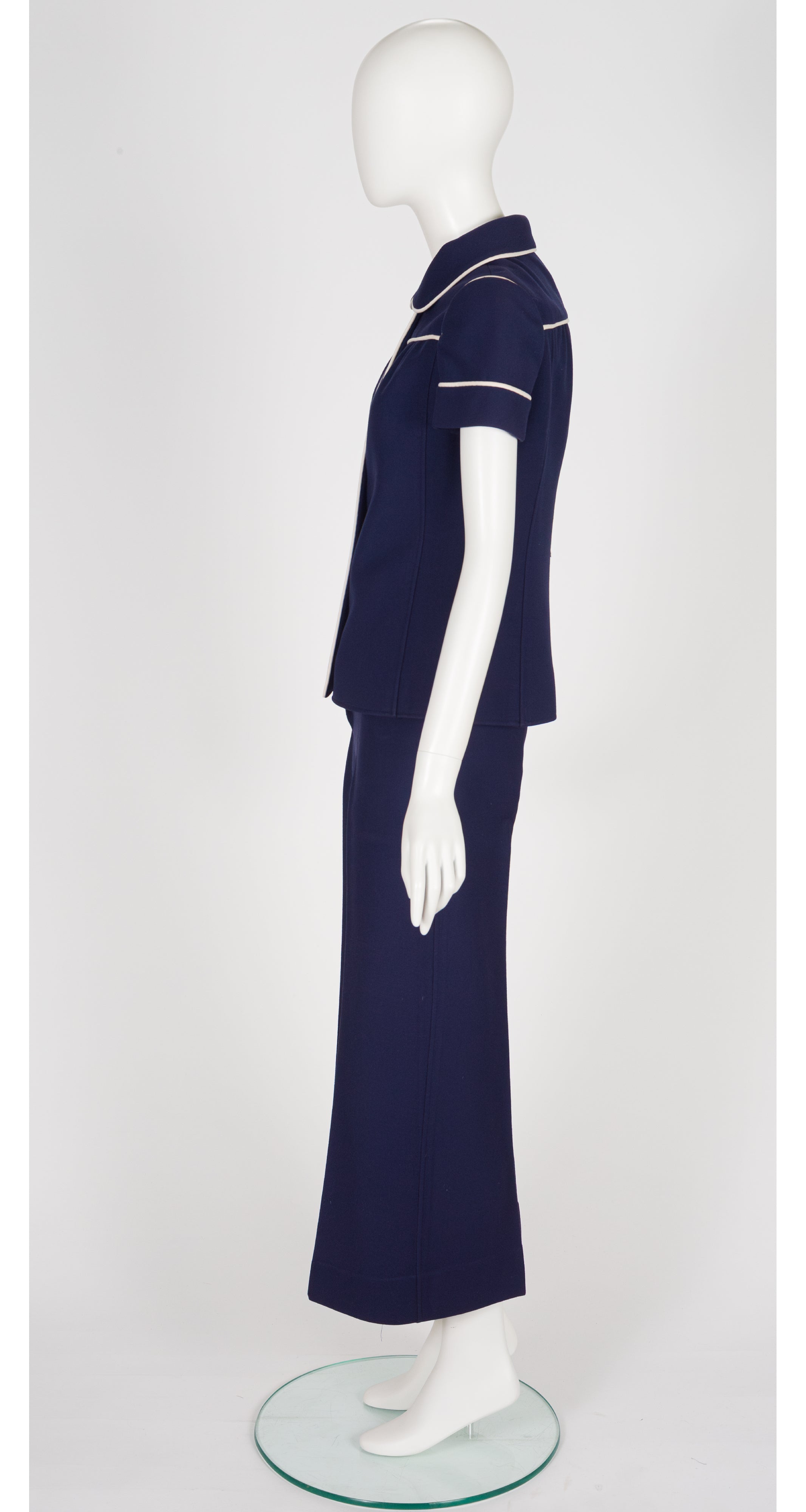 1970s Navy Wool Peter Pan Collar Pant Suit