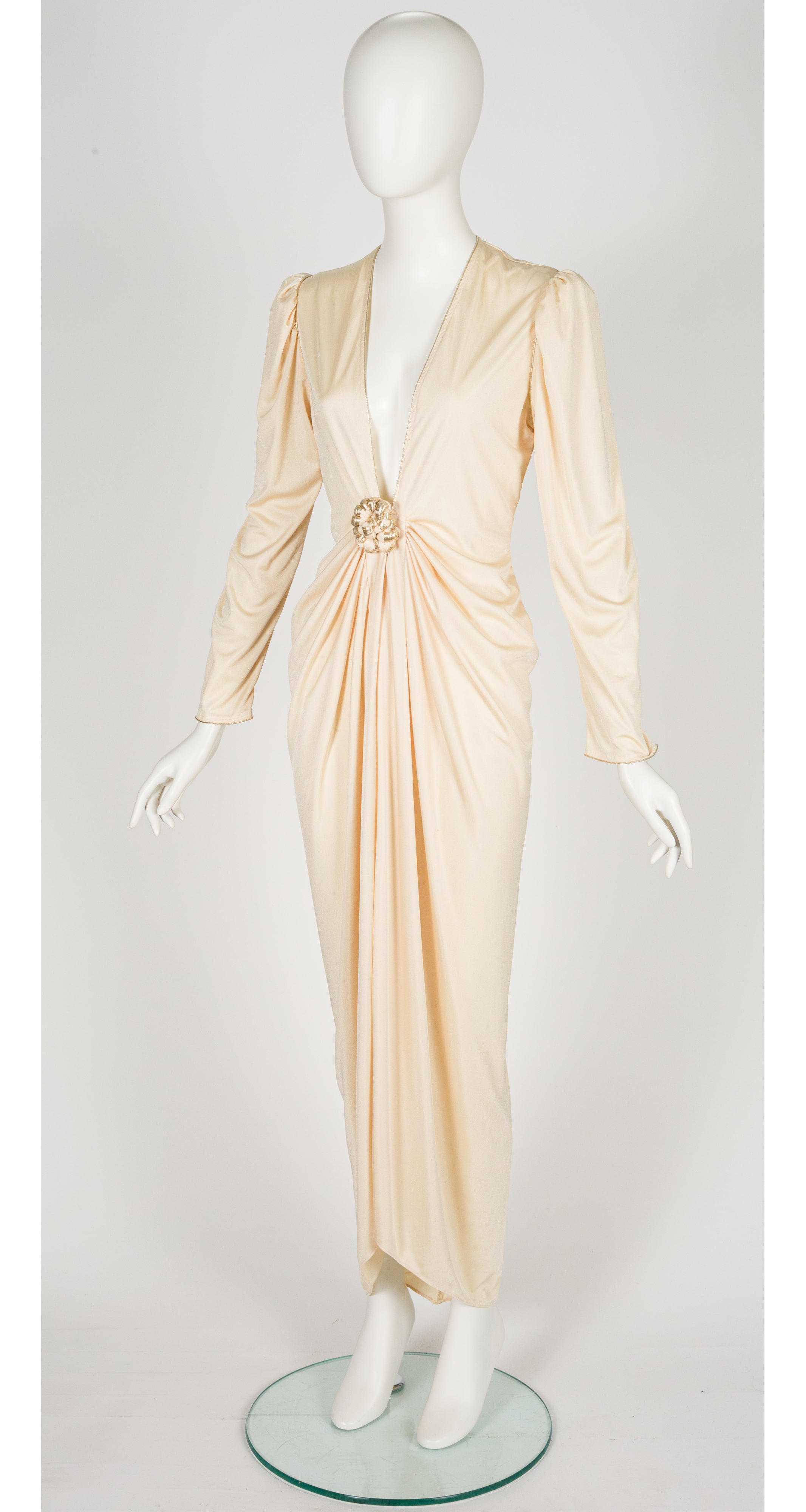 1980s Cream Jersey Plunge Neck Evening Dress