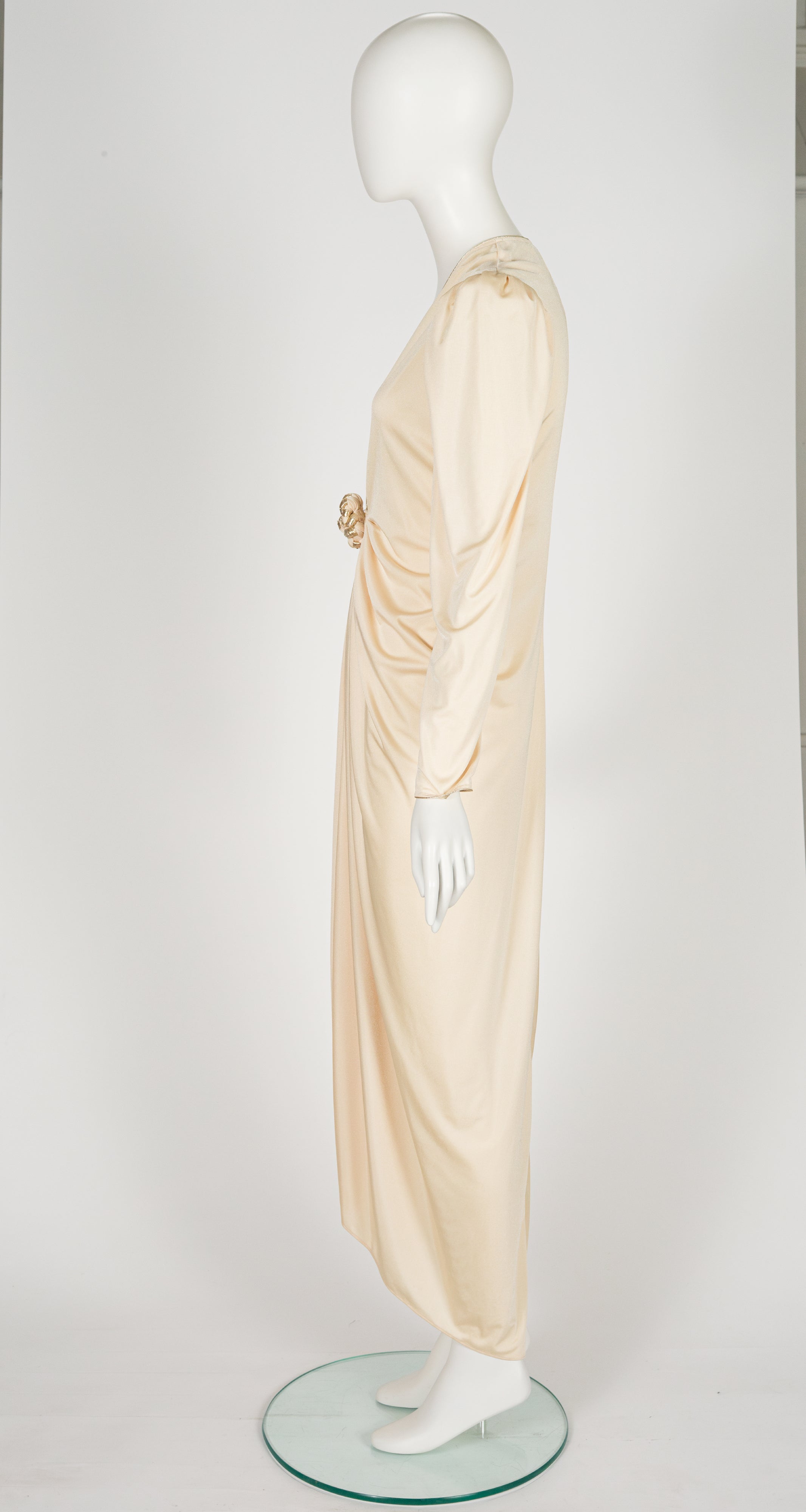 1980s Cream Jersey Plunge Neck Evening Dress
