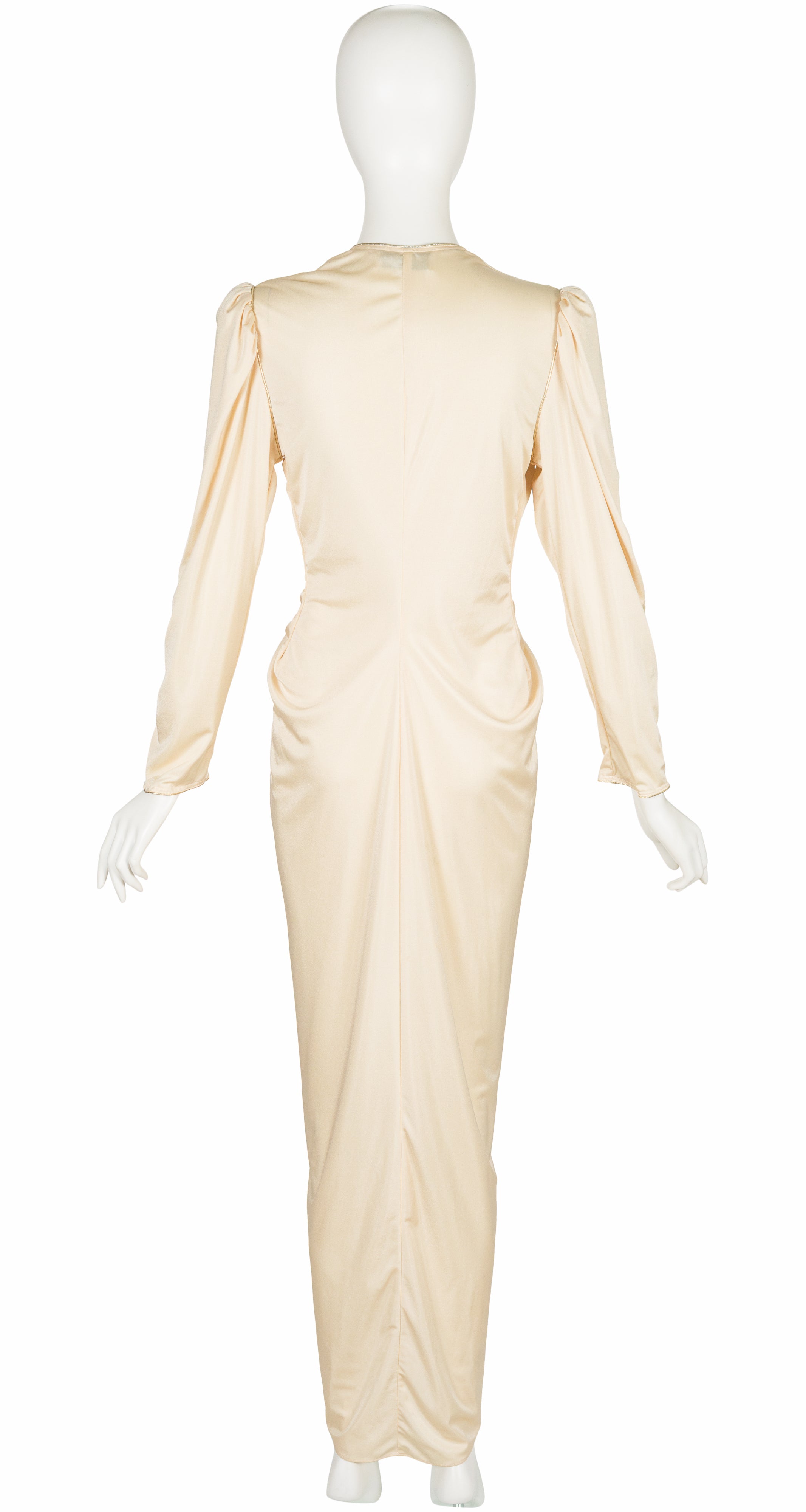 1980s Cream Jersey Plunge Neck Evening Dress
