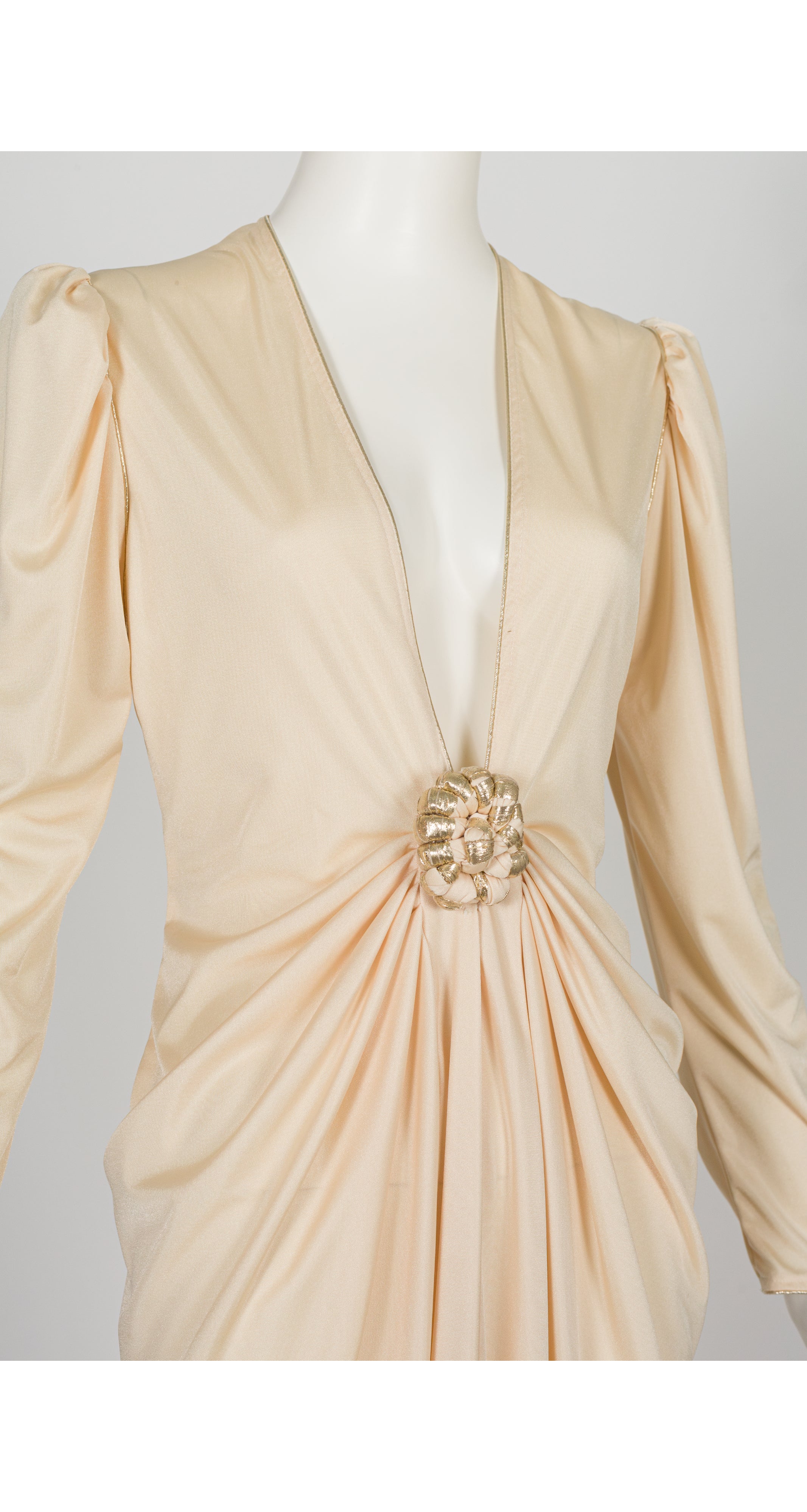 1980s Cream Jersey Plunge Neck Evening Dress