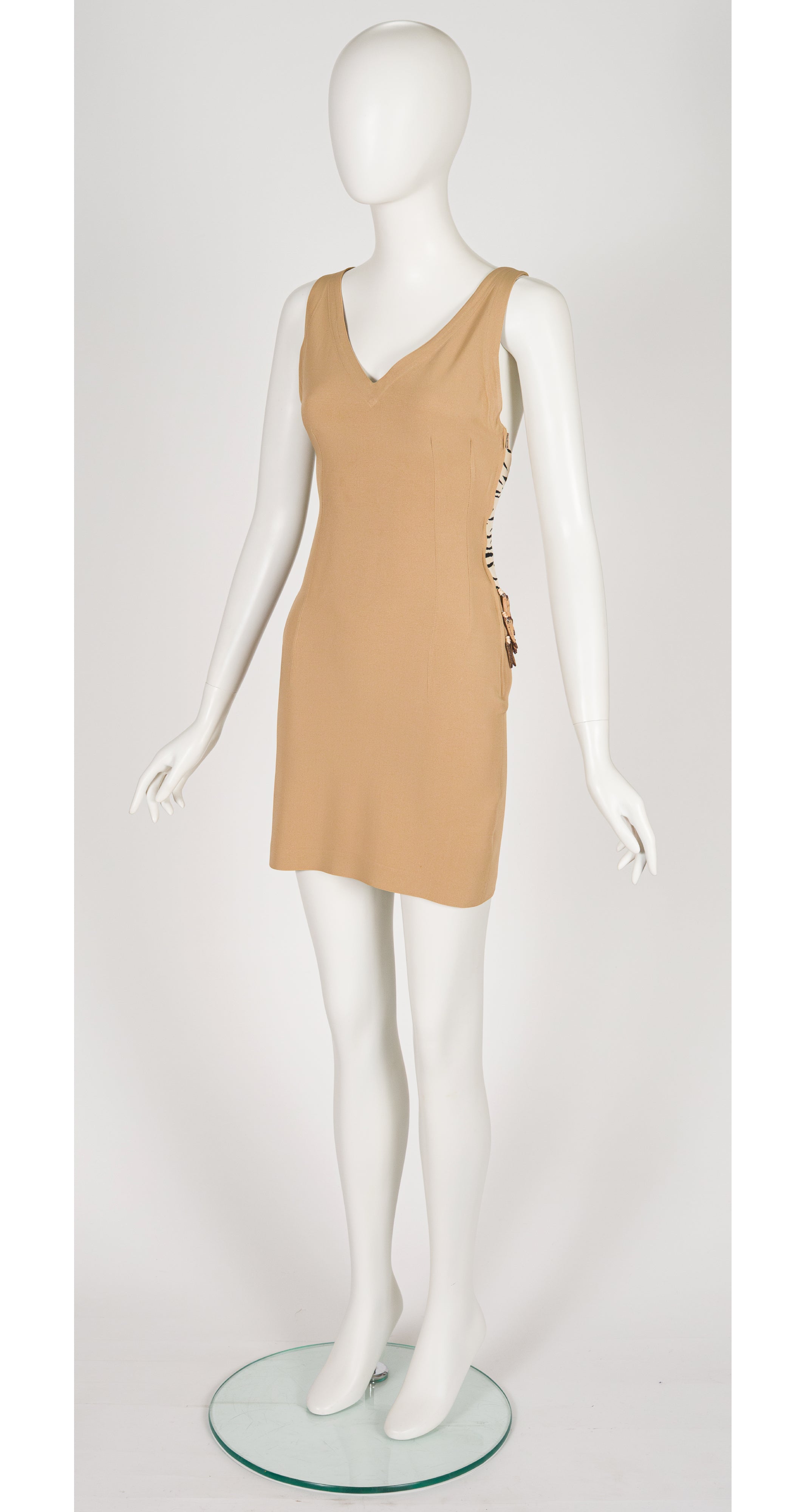 1989 S/S Zebra Print Beaded Fringe Cross-Back Mini Dress