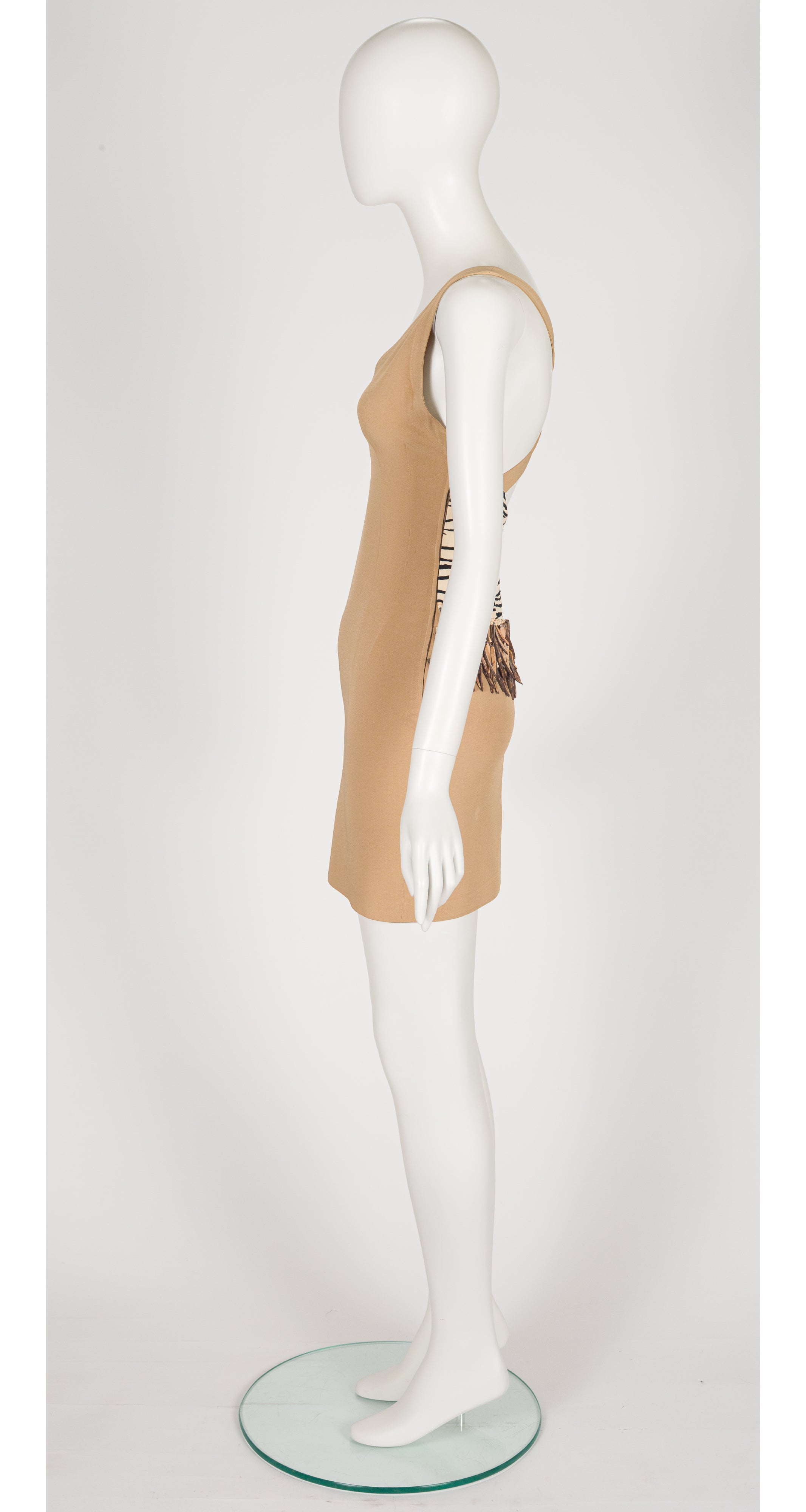 1989 S/S Zebra Print Beaded Fringe Cross-Back Mini Dress