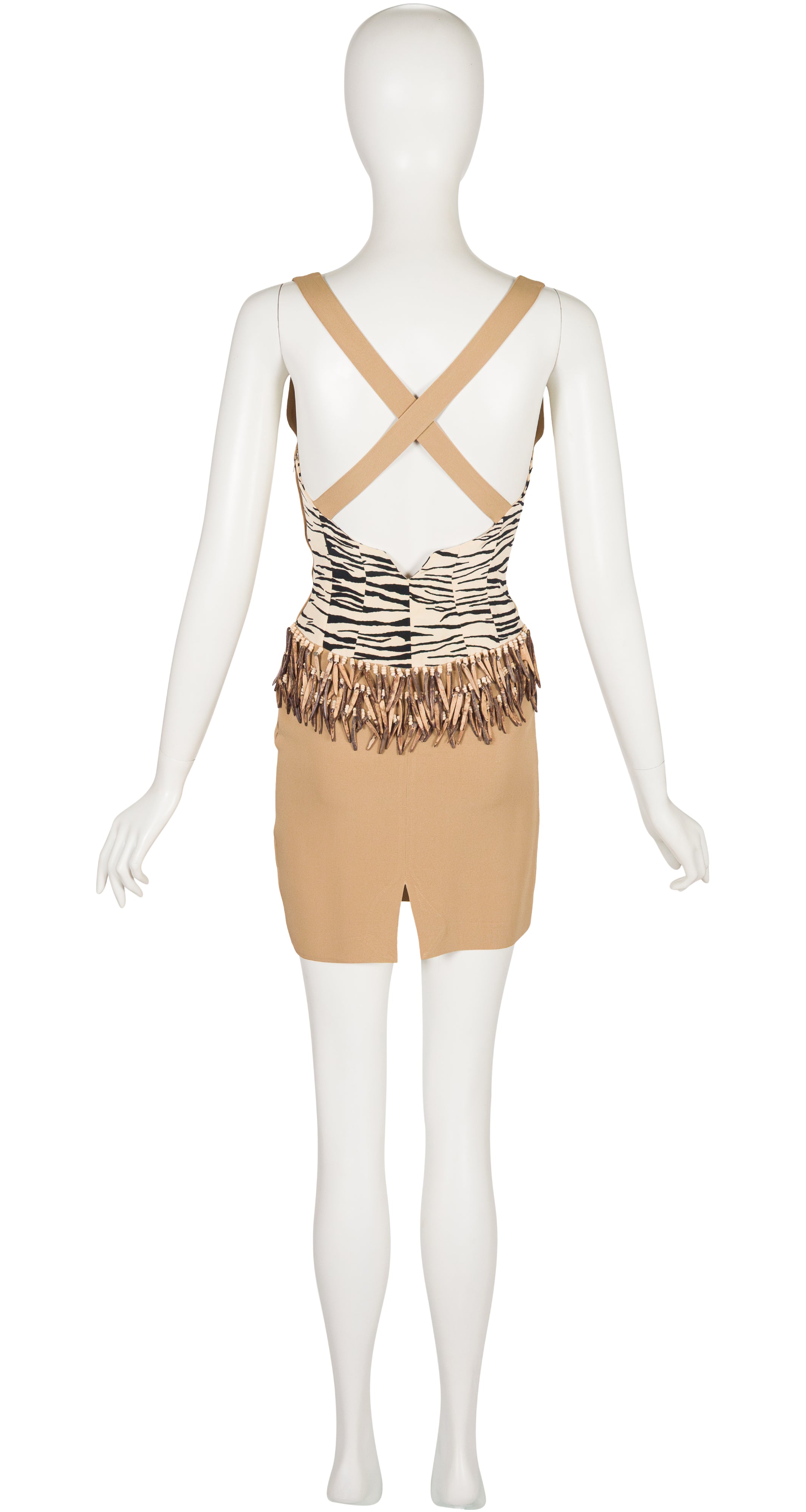 1989 S/S Zebra Print Beaded Fringe Cross-Back Mini Dress