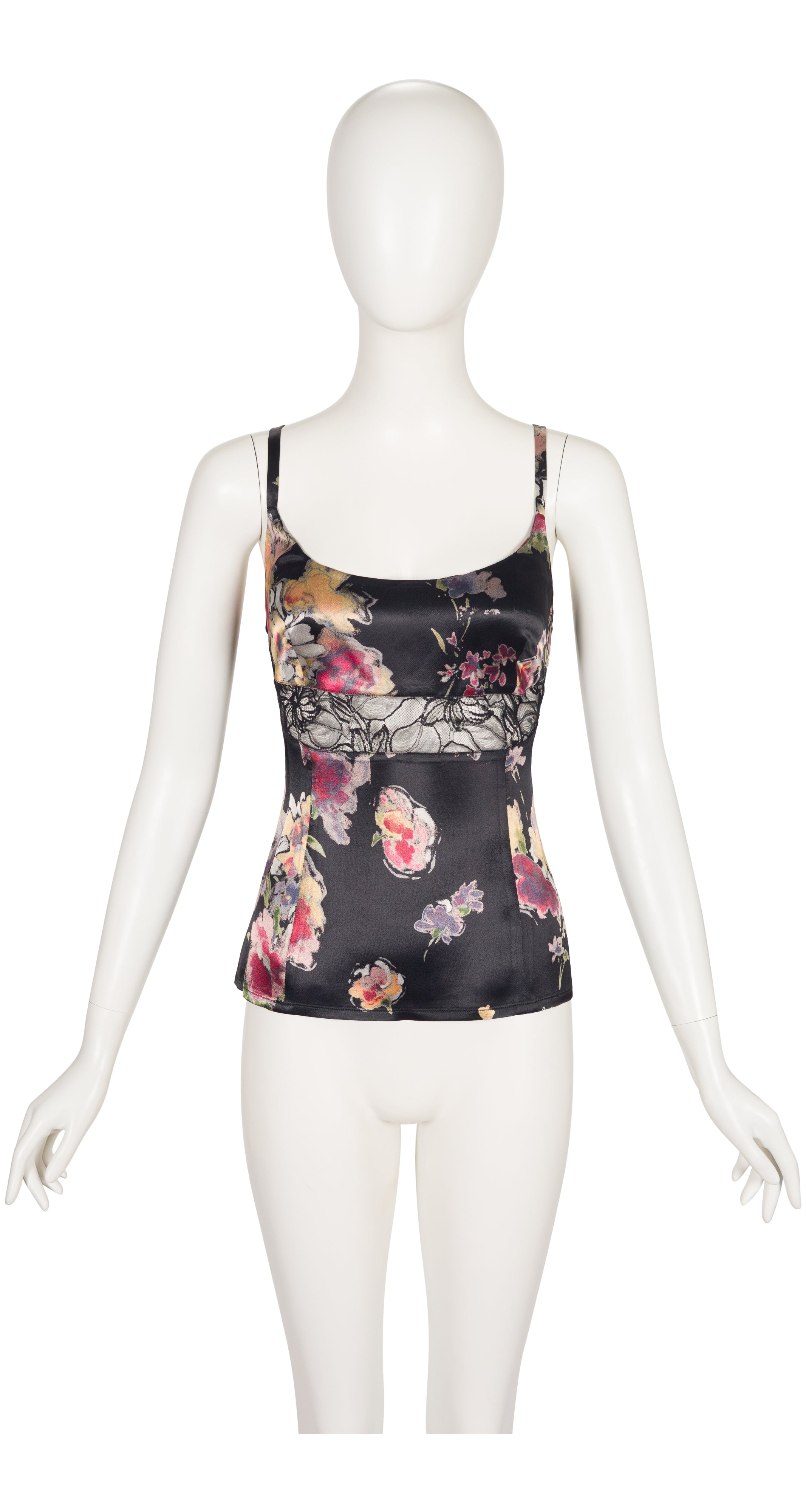 1990s Floral Black Satin Lace Inset Sleeveless Top
