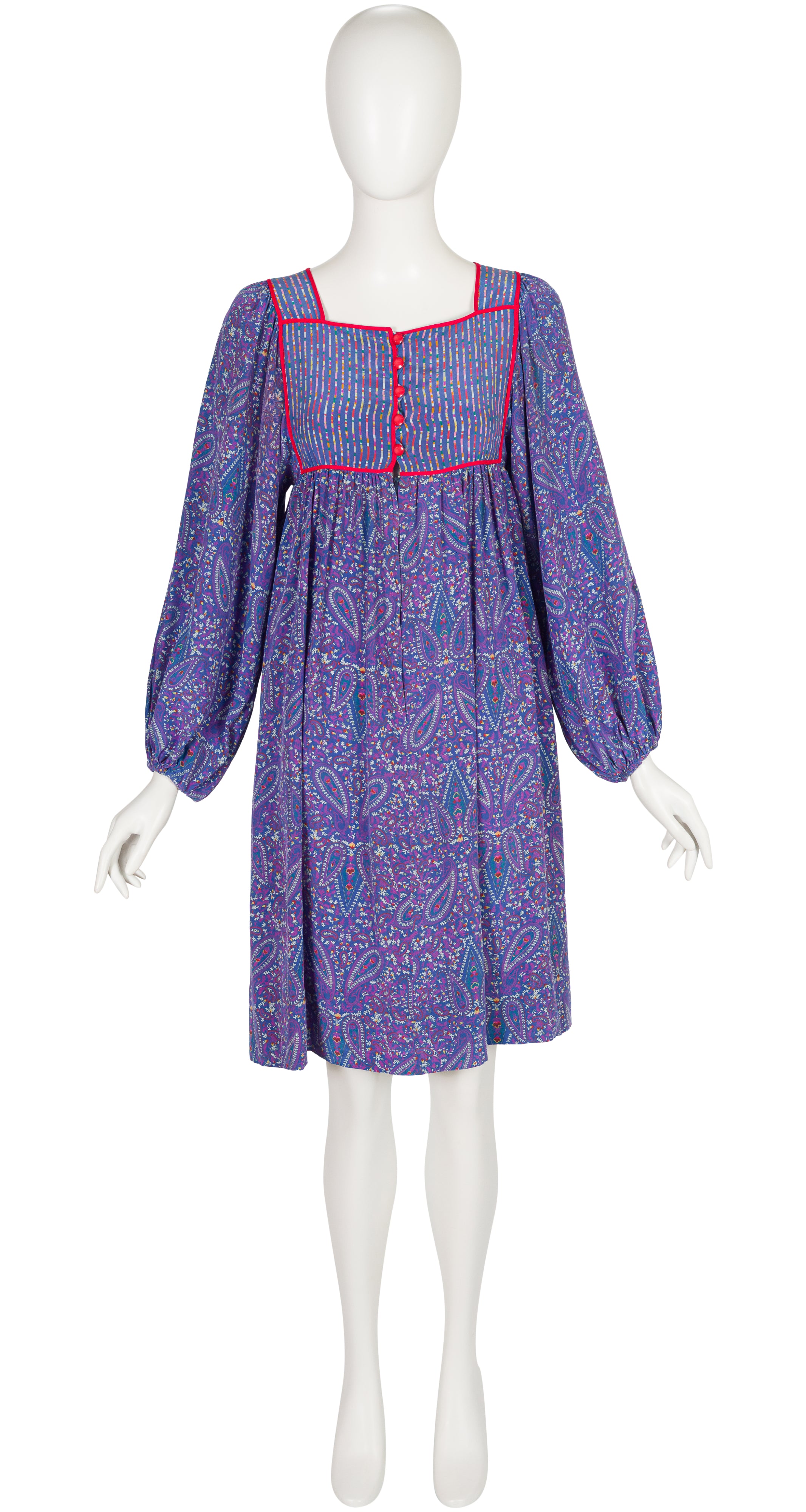 1977 S/S Paisley Blue Silk Balloon Sleeve Bib Dress