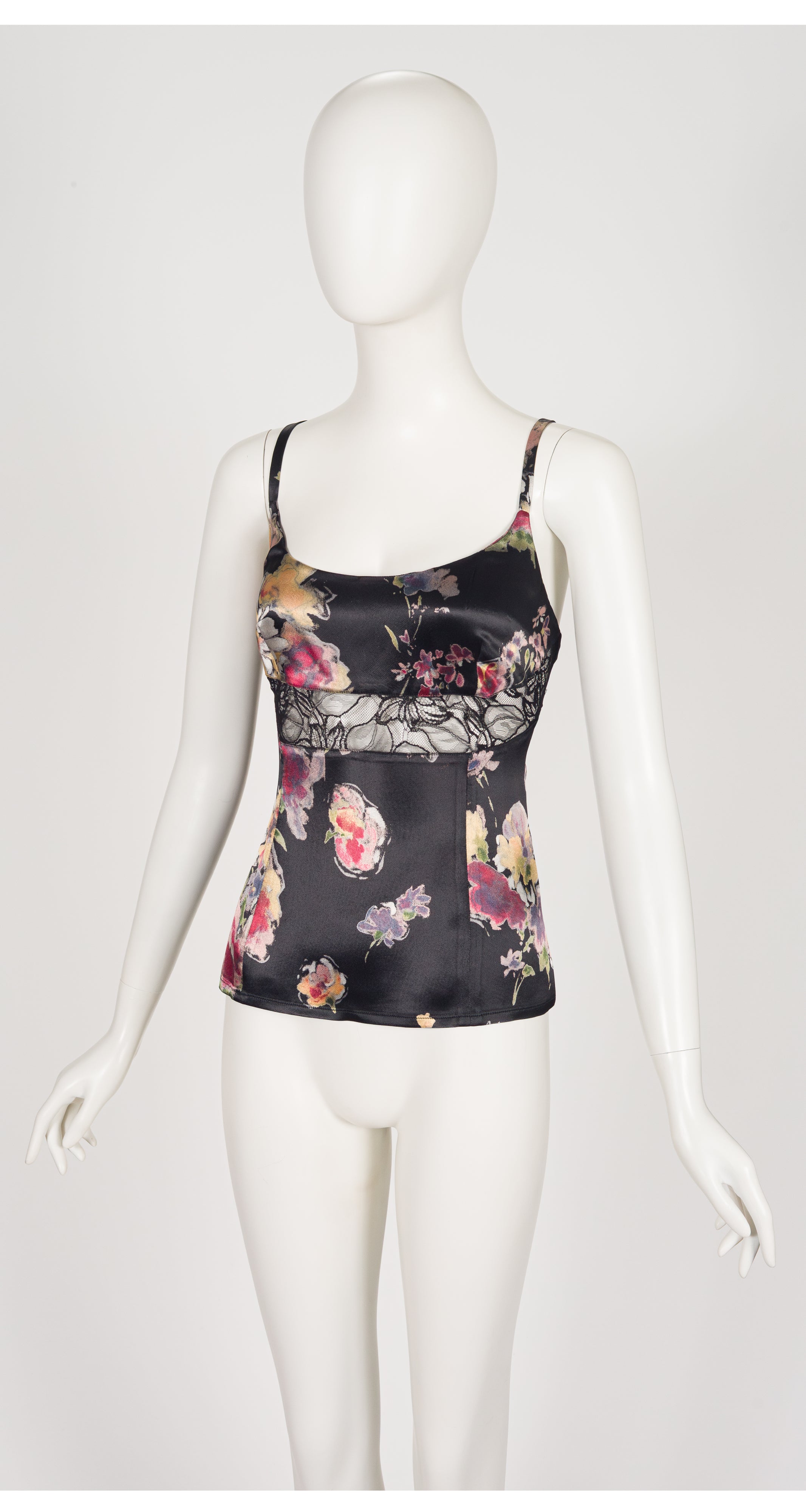 1990s Floral Black Satin Lace Inset Sleeveless Top