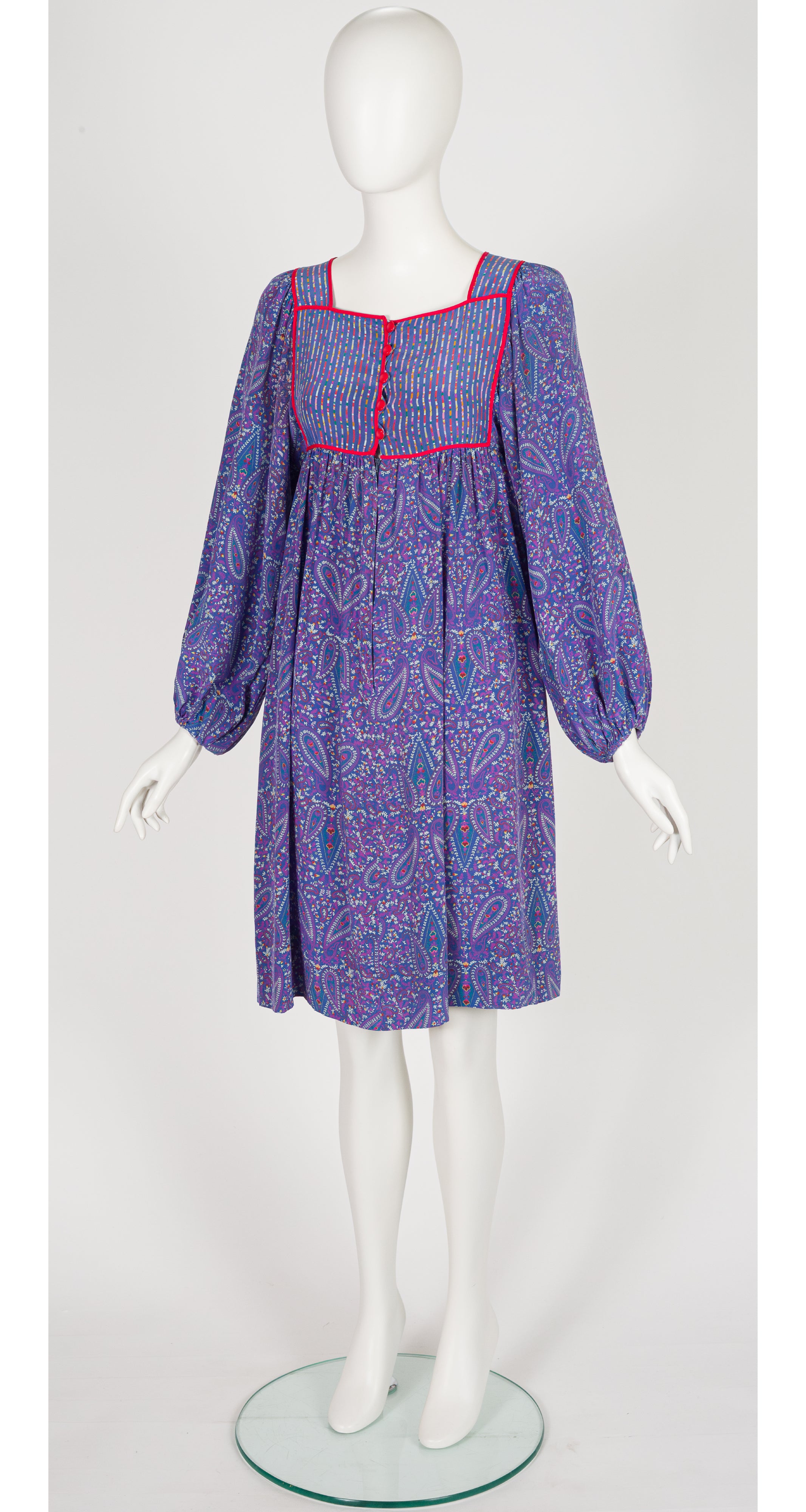 1977 S/S Paisley Blue Silk Balloon Sleeve Bib Dress