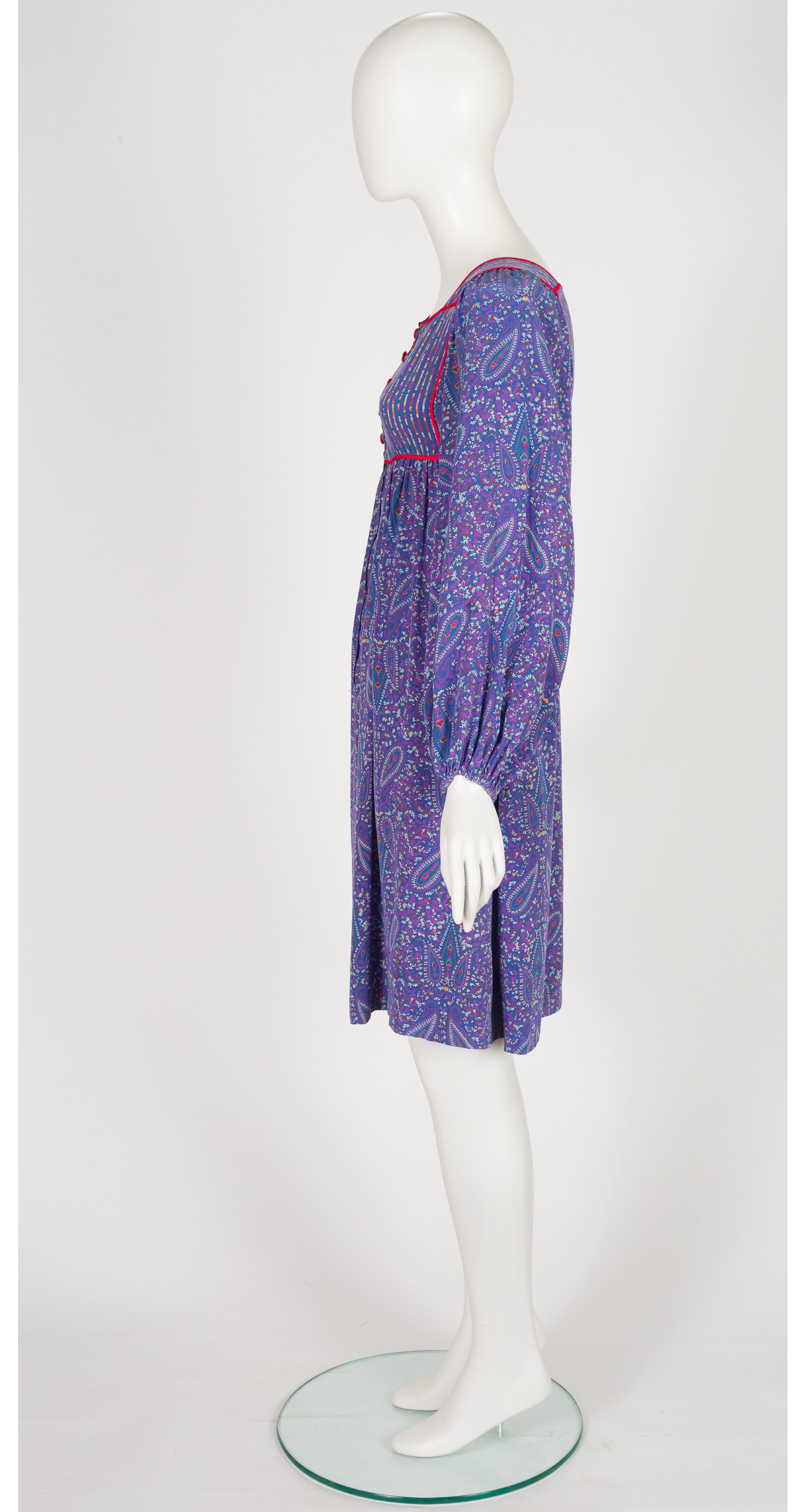 1977 S/S Paisley Blue Silk Balloon Sleeve Bib Dress
