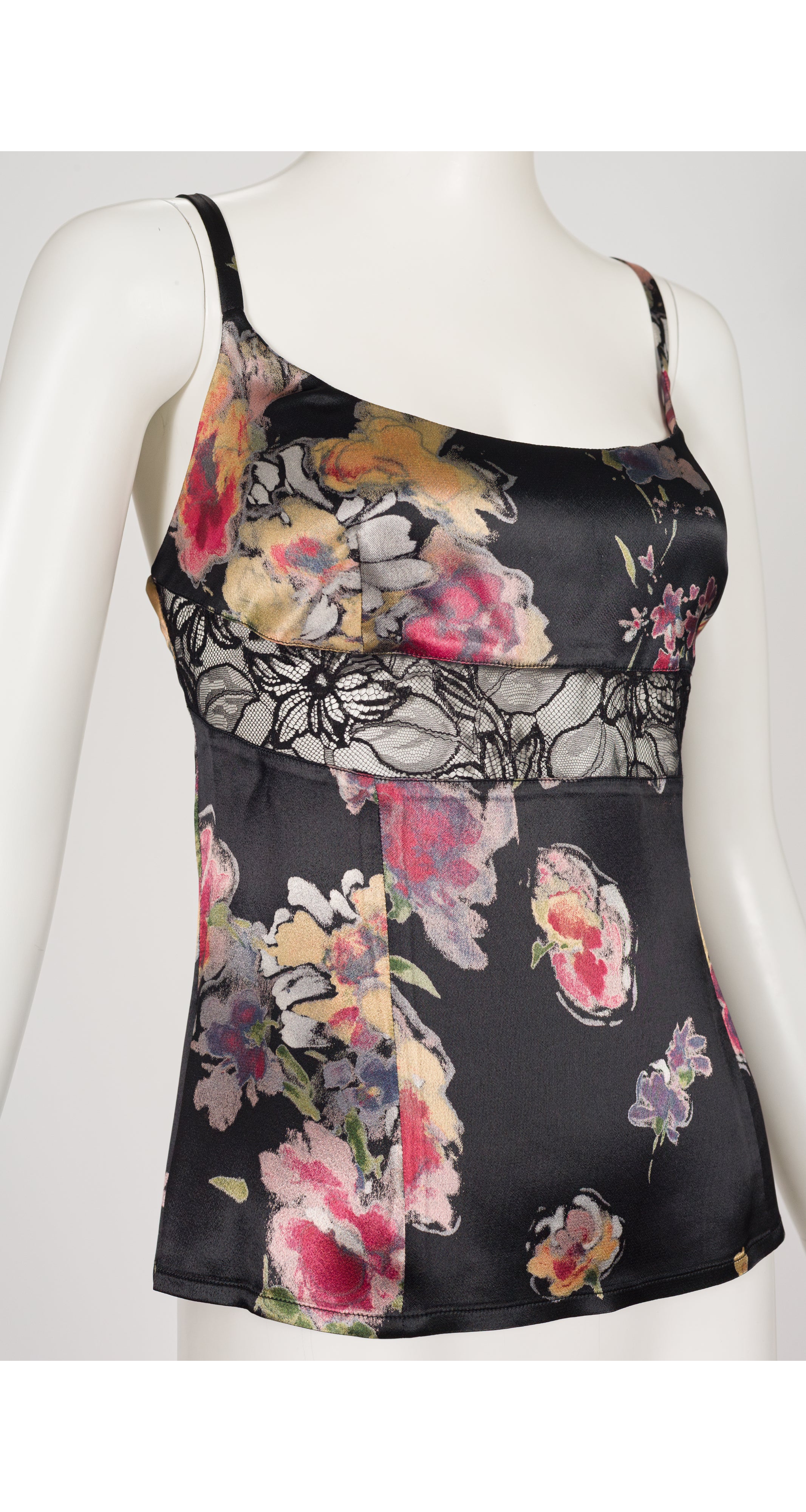 1990s Floral Black Satin Lace Inset Sleeveless Top