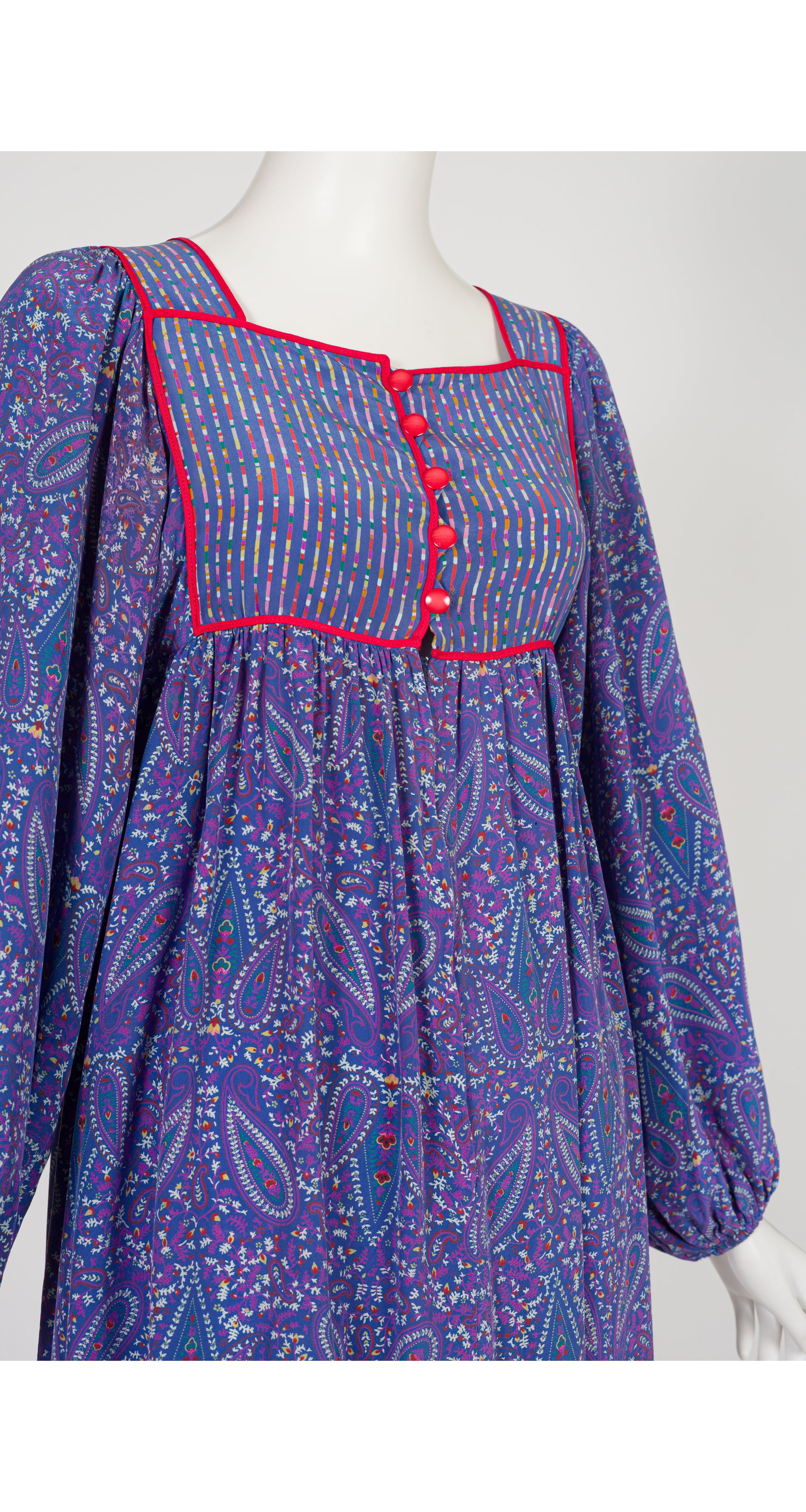 1977 S/S Paisley Blue Silk Balloon Sleeve Bib Dress