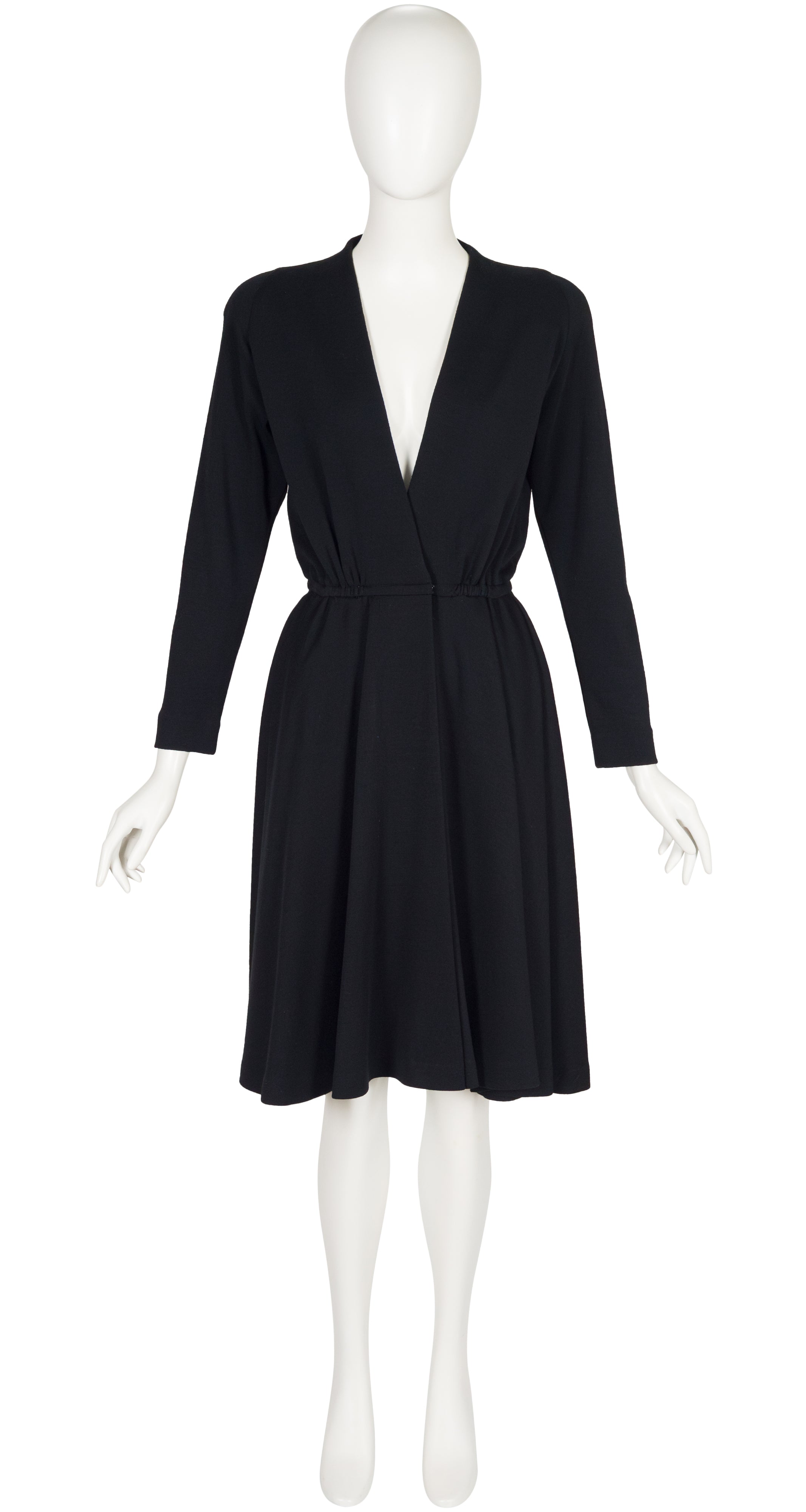 1987 S/S Black Wool Jersey Plunge Neck Wrap Dress