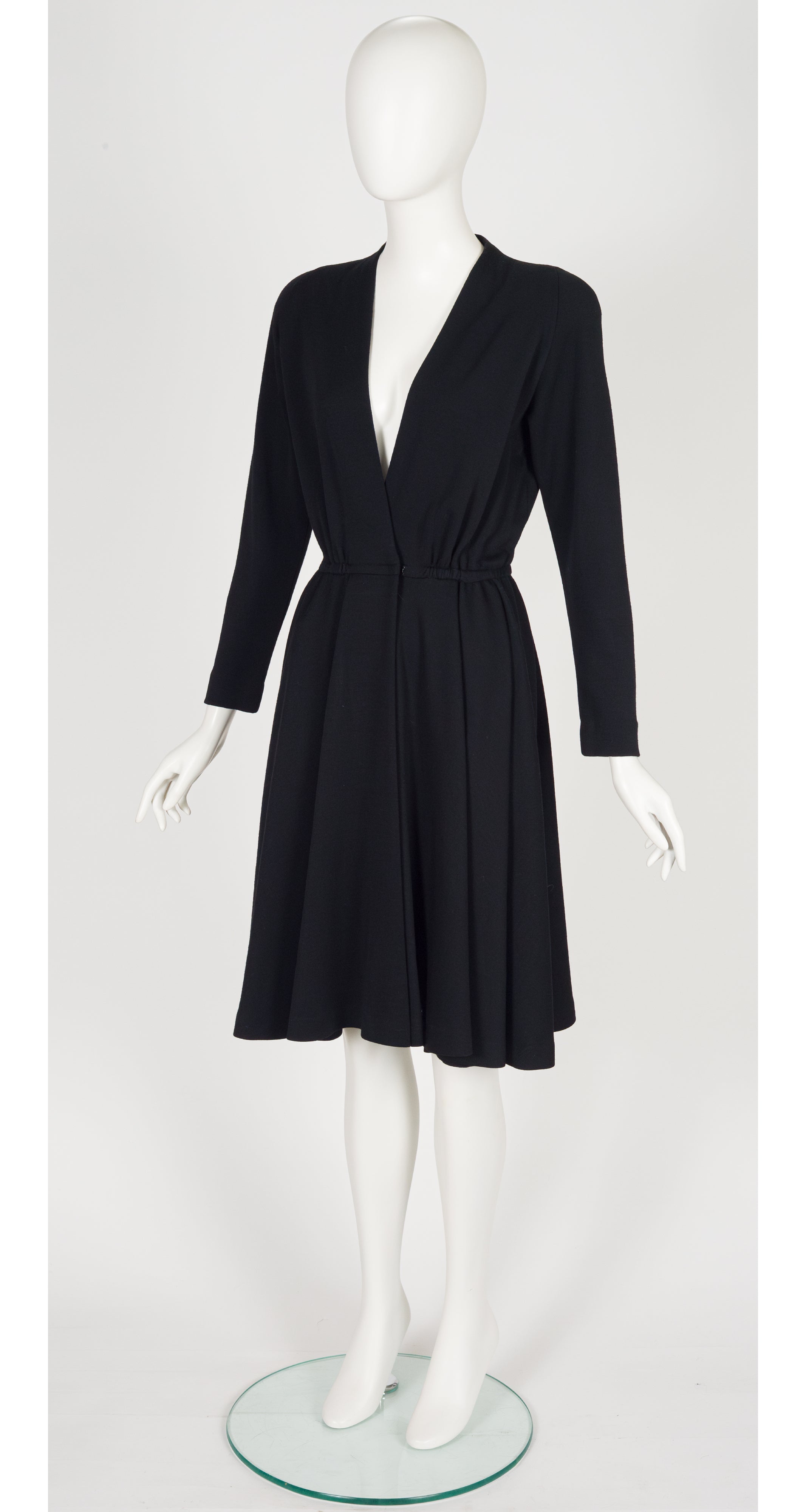 1987 S/S Black Wool Jersey Plunge Neck Wrap Dress