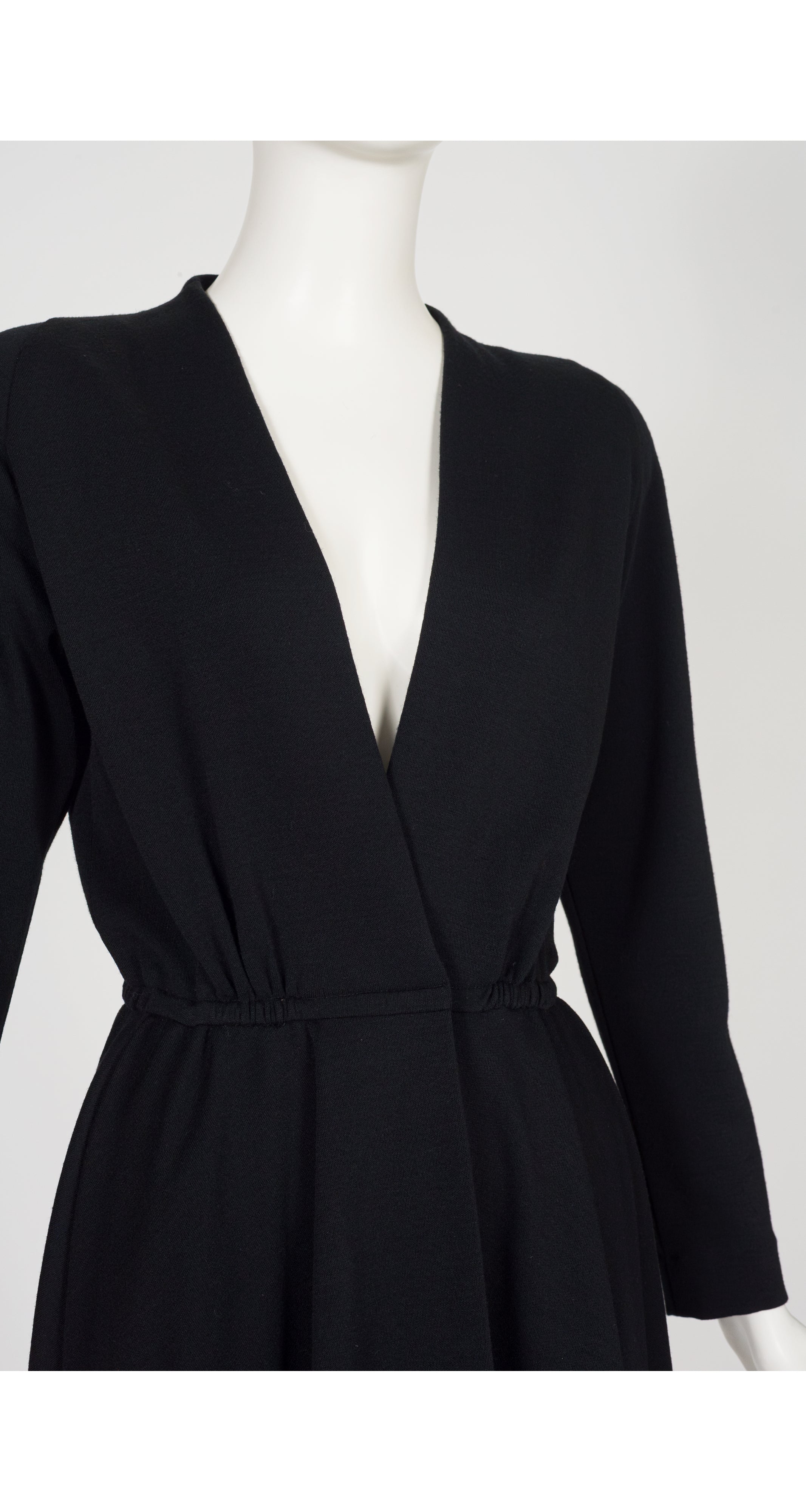 1987 S/S Black Wool Jersey Plunge Neck Wrap Dress