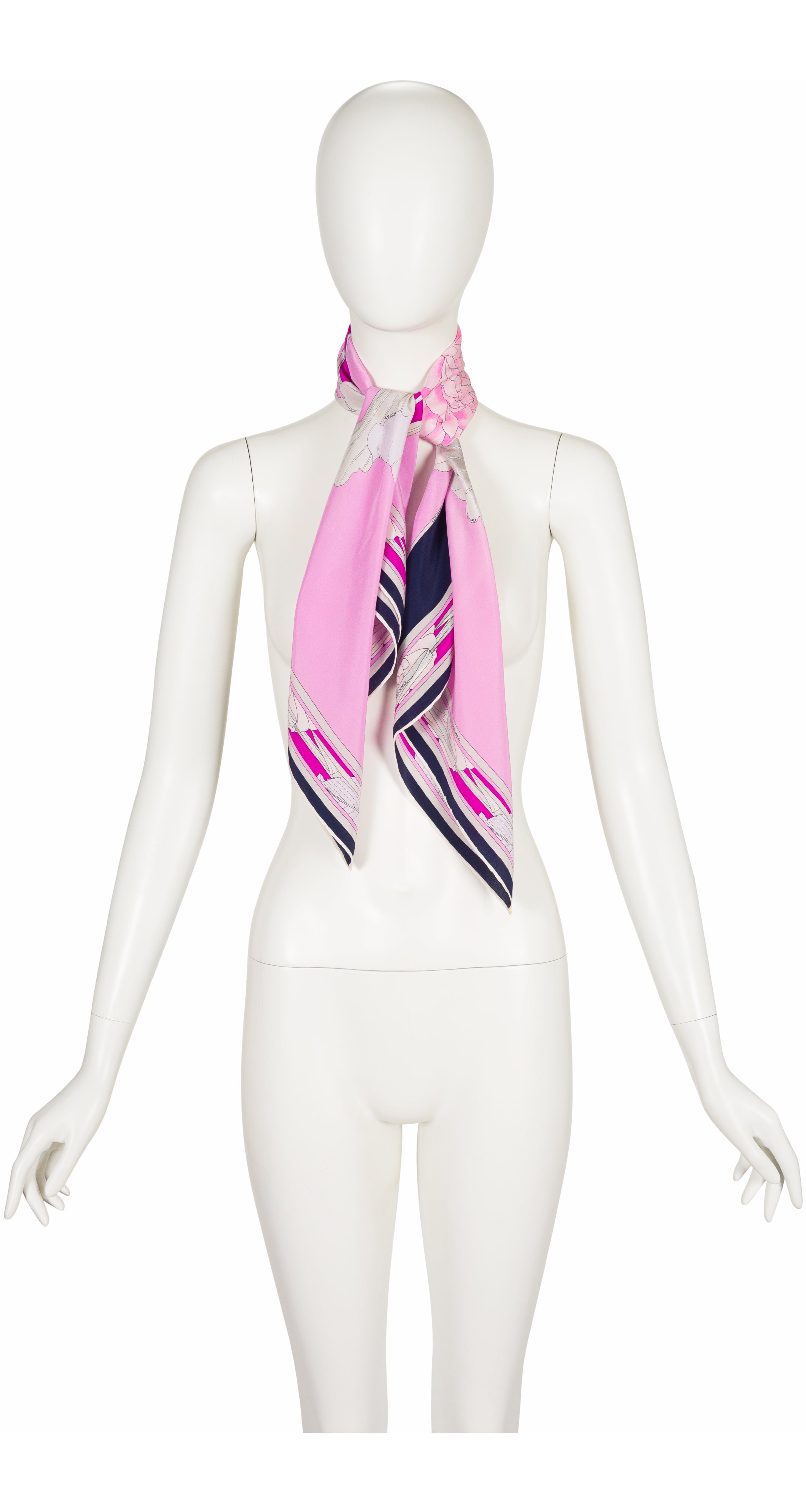 1970s Floral Pink & Navy Silk Border Print Scarf