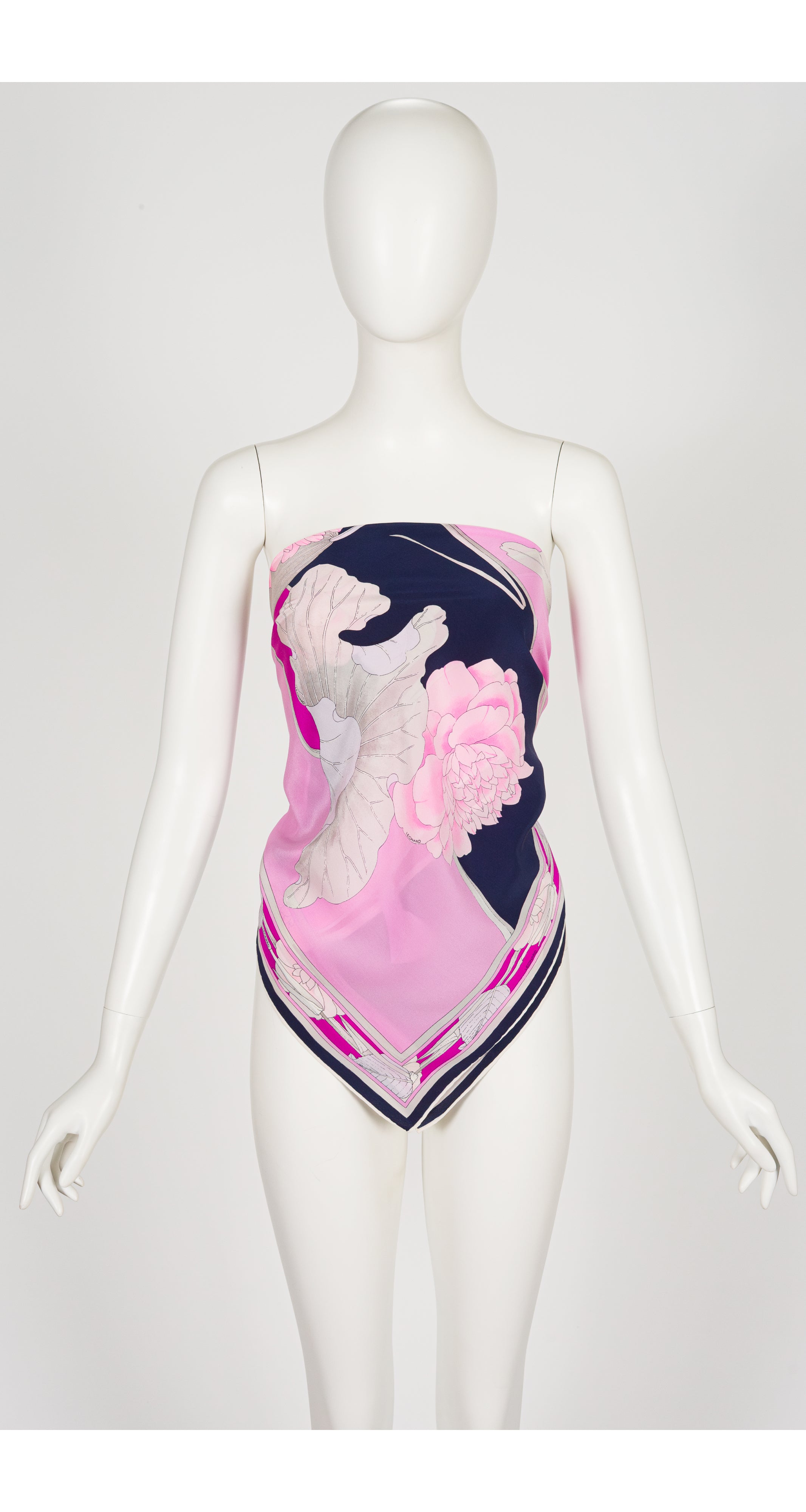 1970s Floral Pink & Navy Silk Border Print Scarf