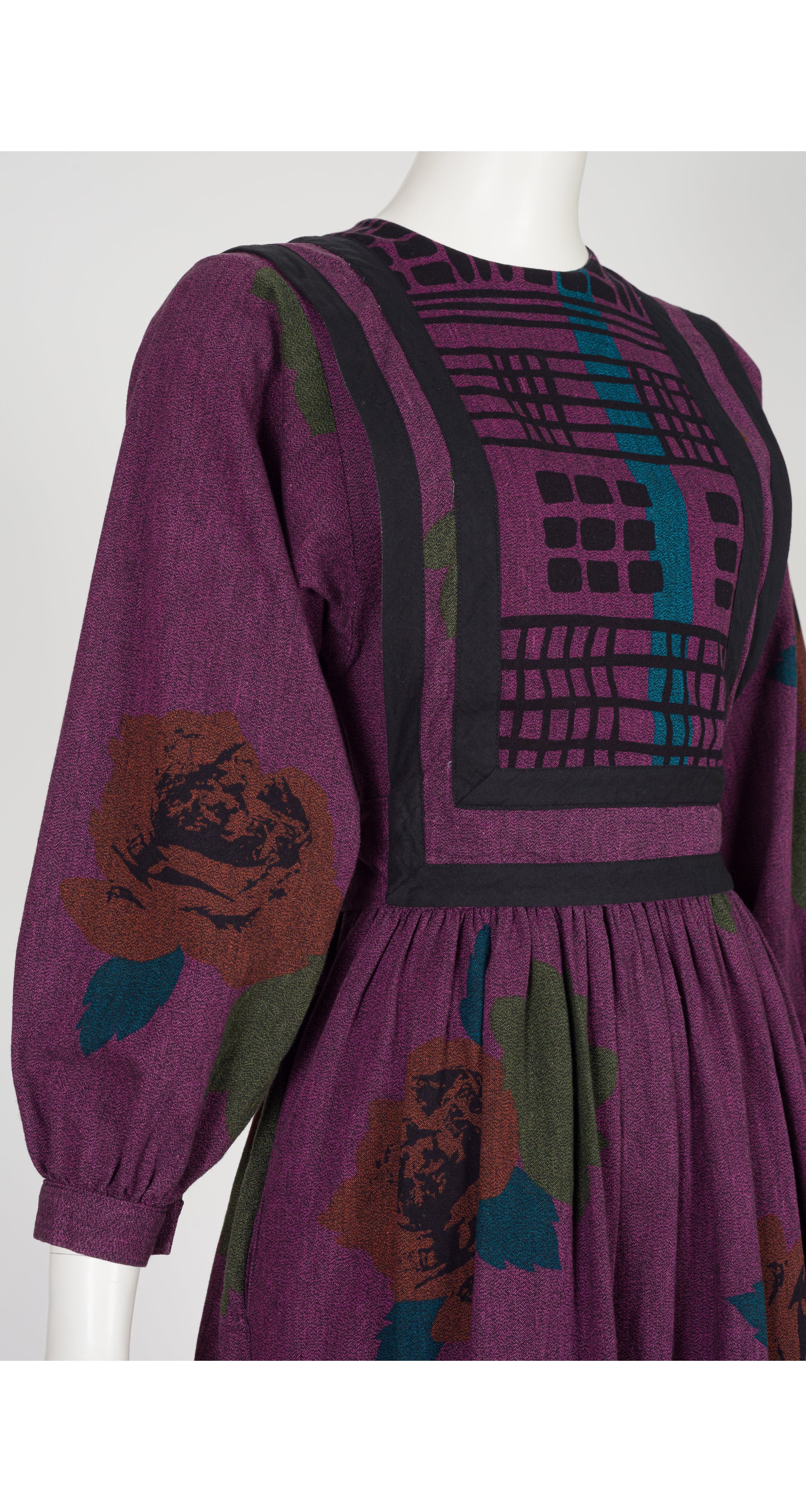 1983 F/W Ad Campaign Floral Plum Cotton Bib Dress