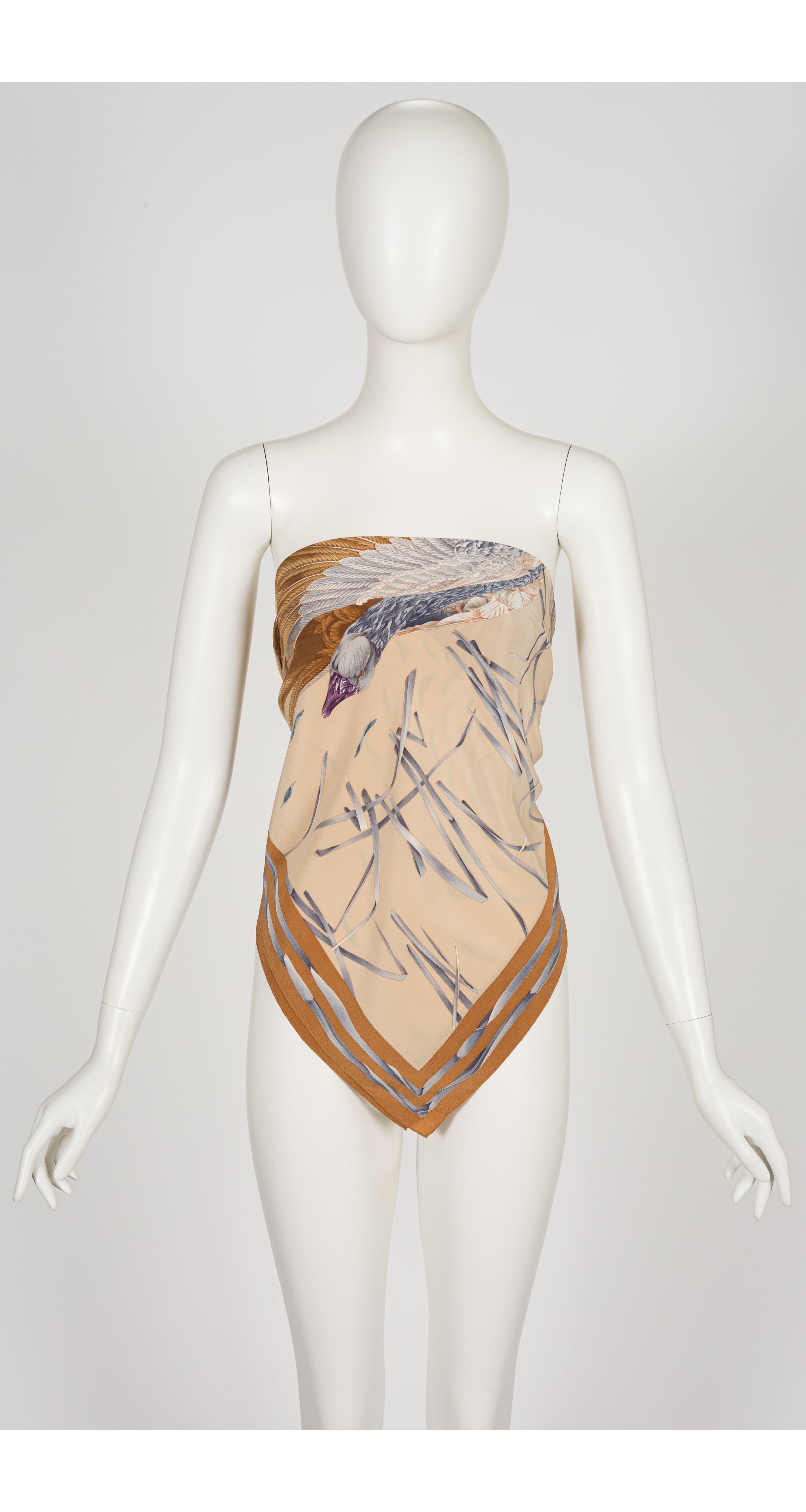 1980s Surrealist Duck Print Beige Silk Scarf