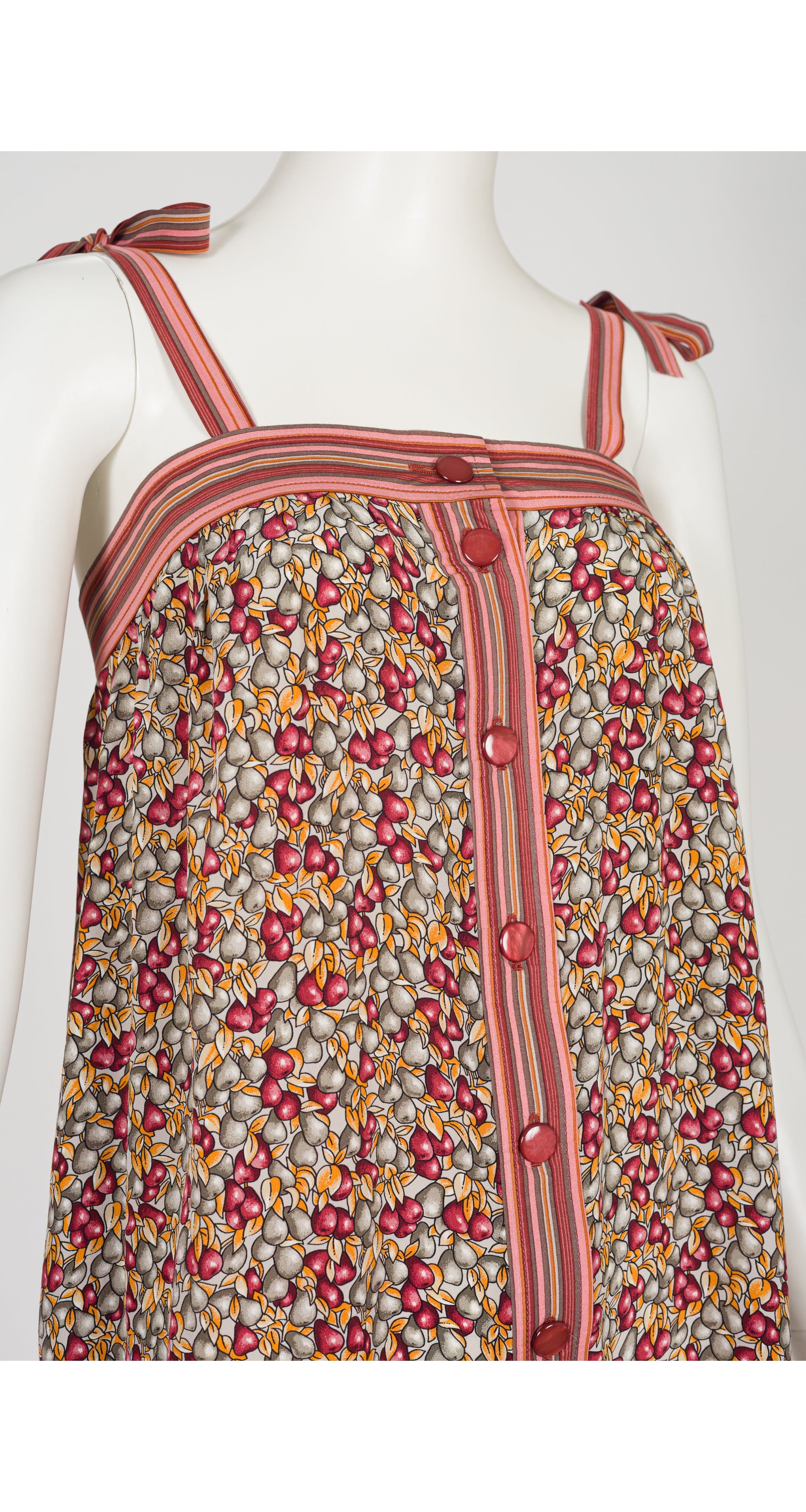 1978 S/S Pear Print Silk Tie-Strap Shift Dress