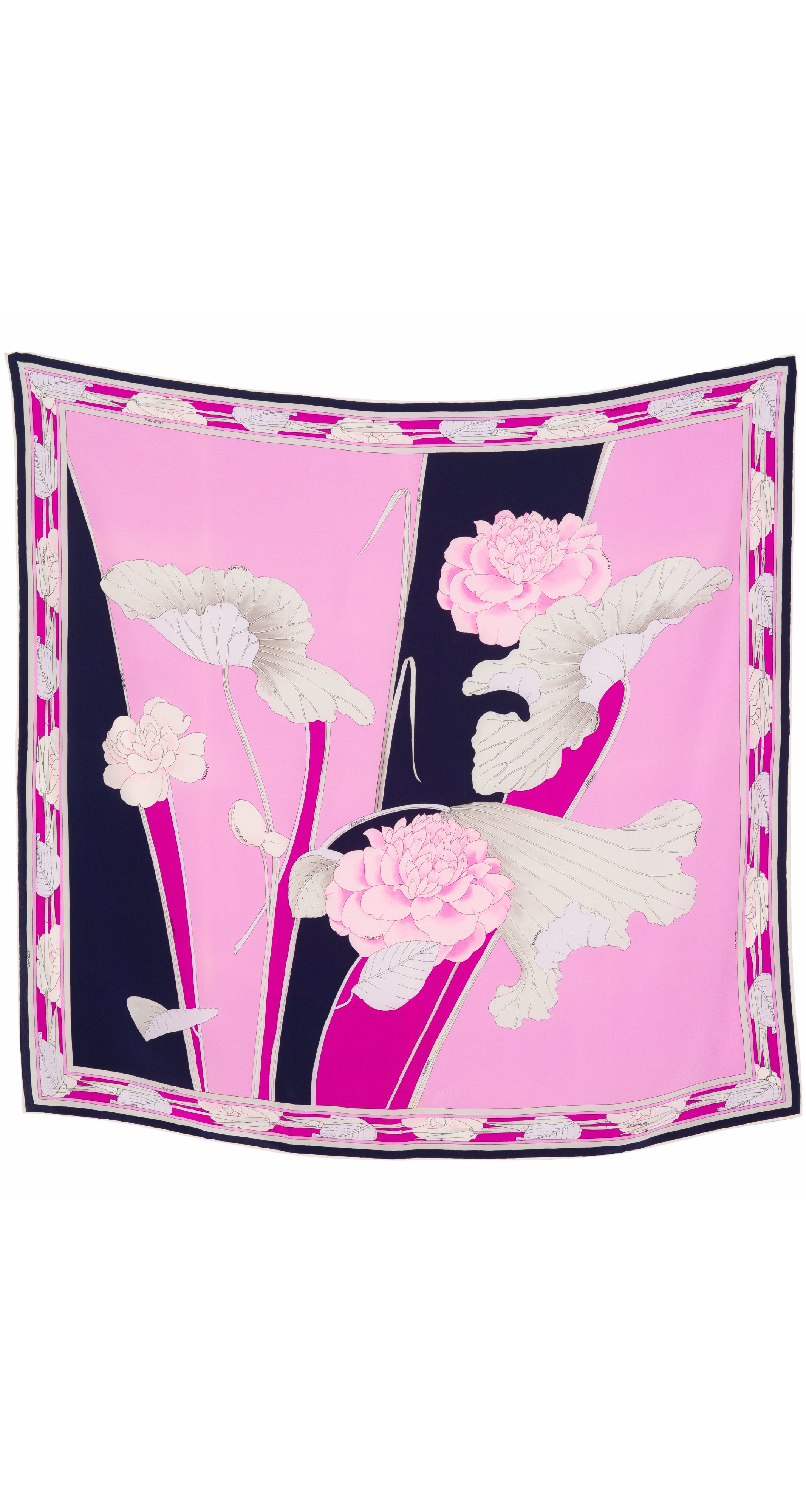 1970s Floral Pink & Navy Silk Border Print Scarf