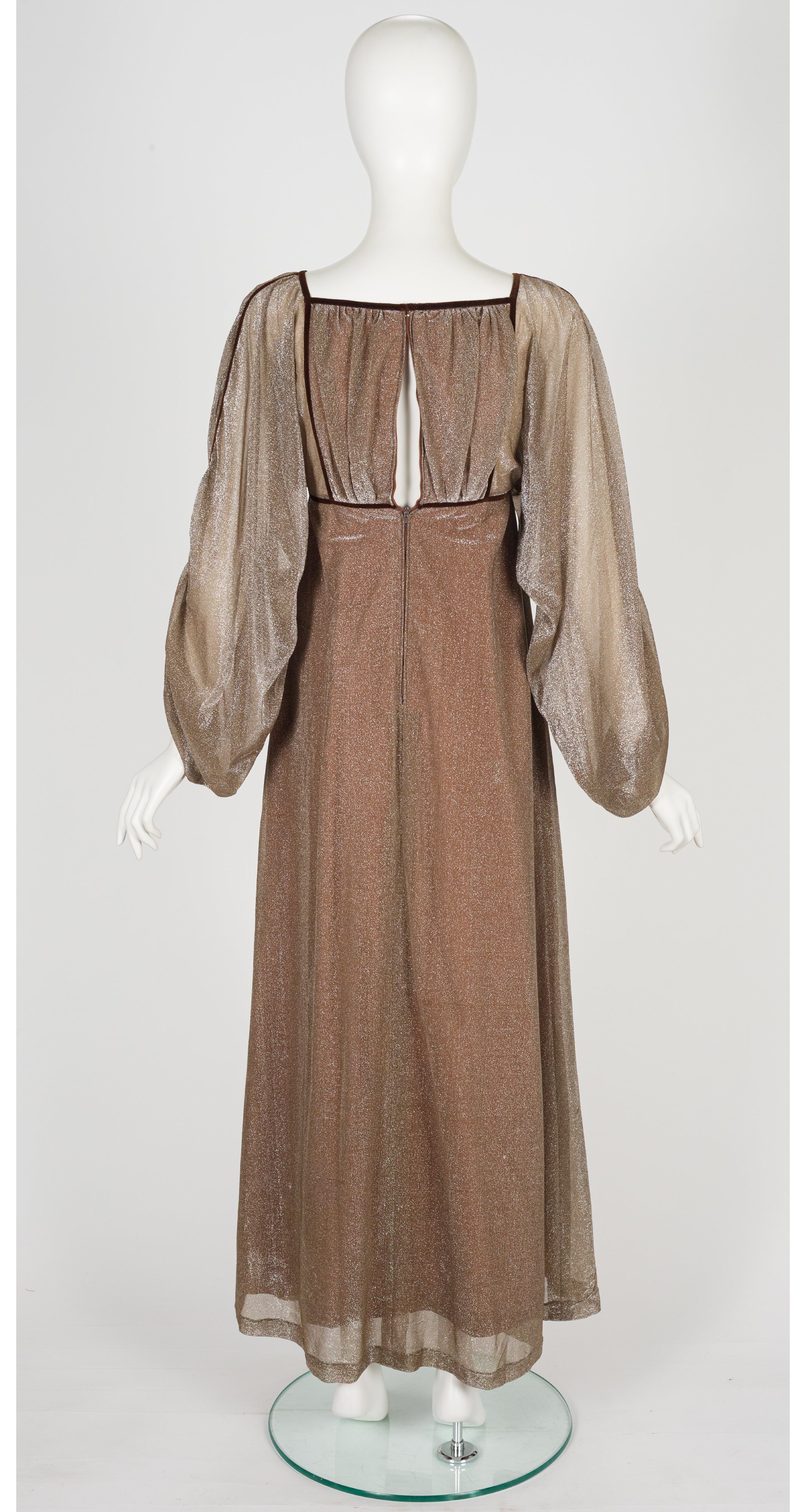 1970s Bronze Lurex Empire Waist Evening Gown
