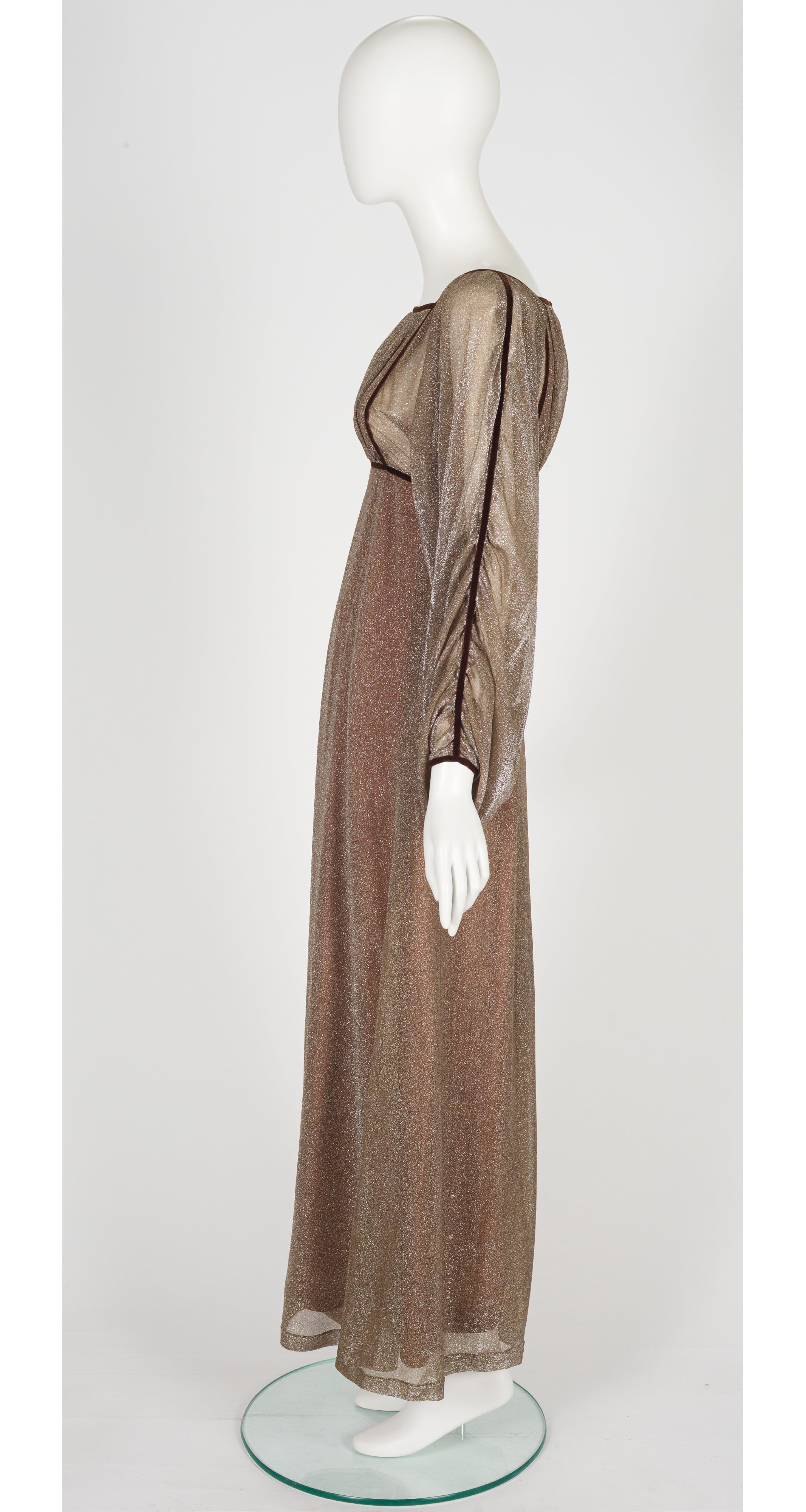 1970s Bronze Lurex Empire Waist Evening Gown