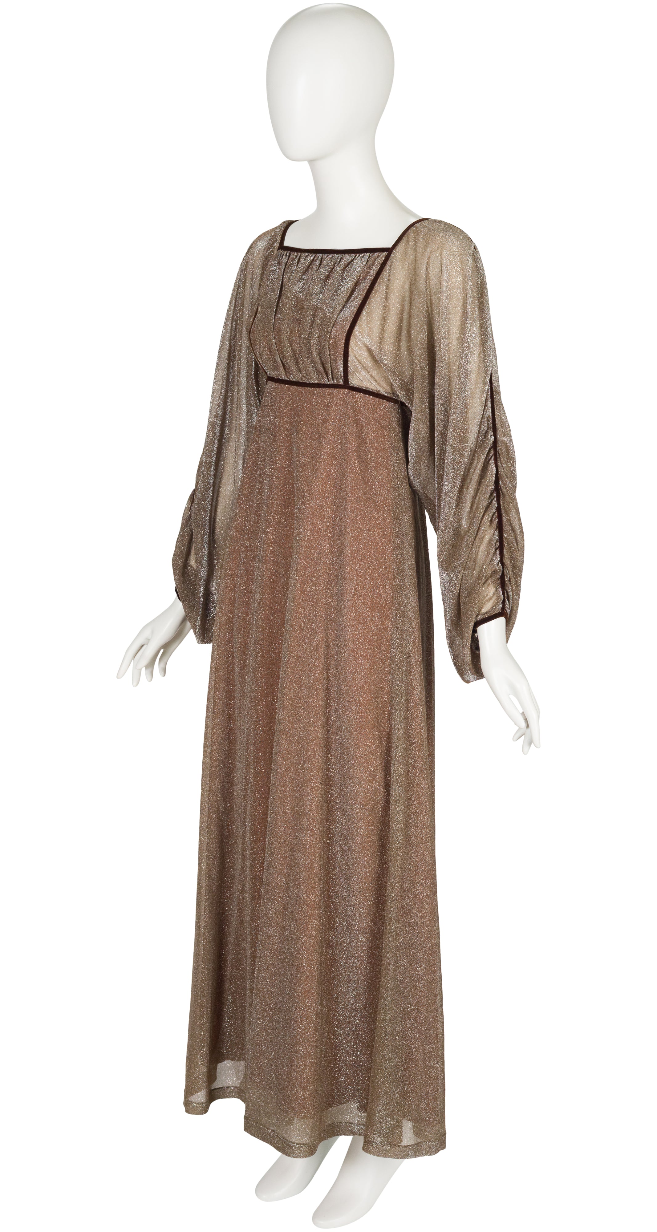1970s Bronze Lurex Empire Waist Evening Gown