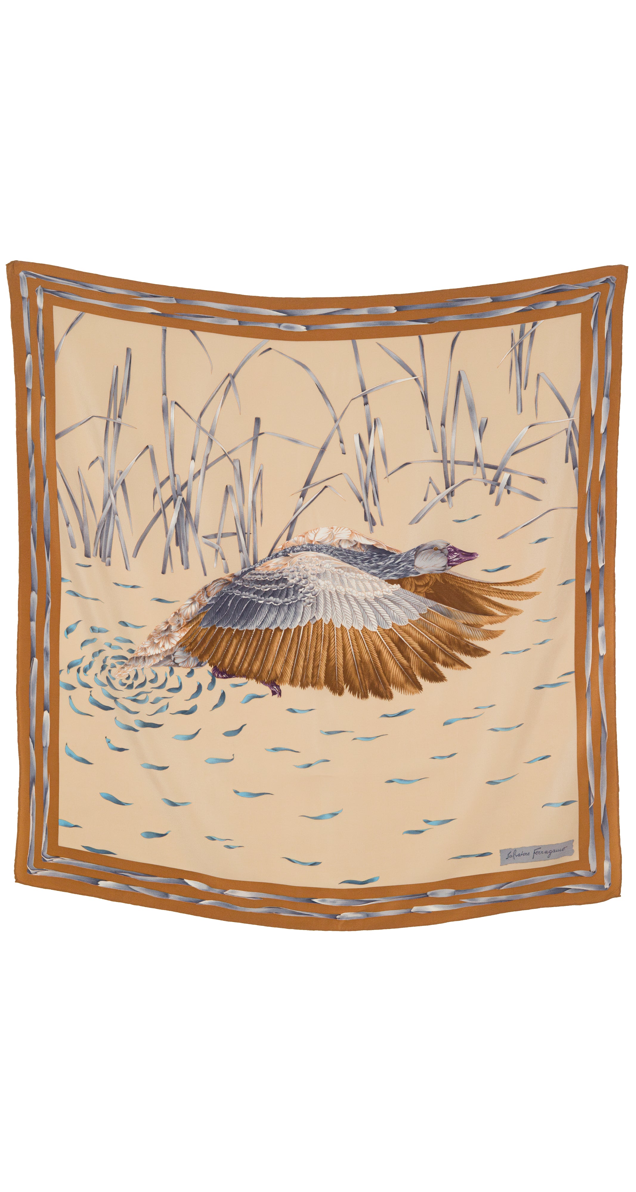 1980s Surrealist Duck Print Beige Silk Scarf