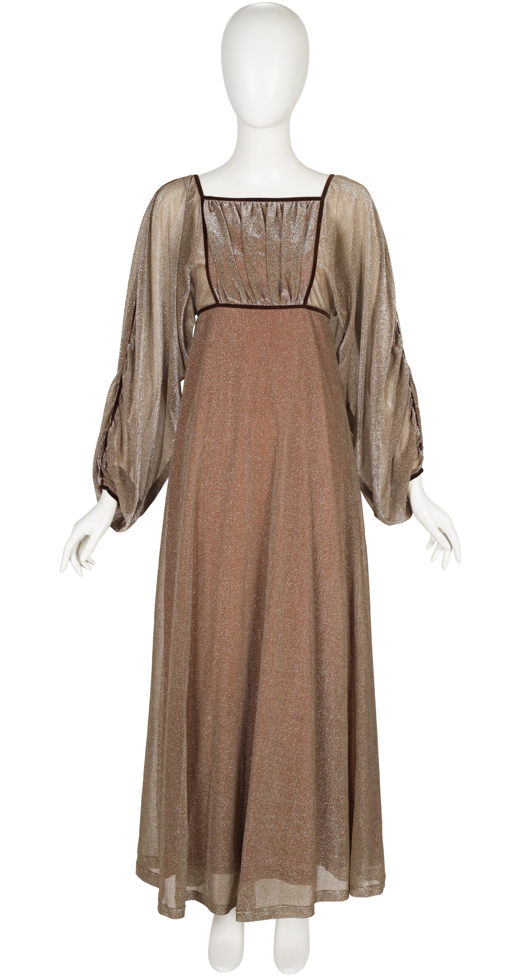 1970s Bronze Lurex Empire Waist Evening Gown