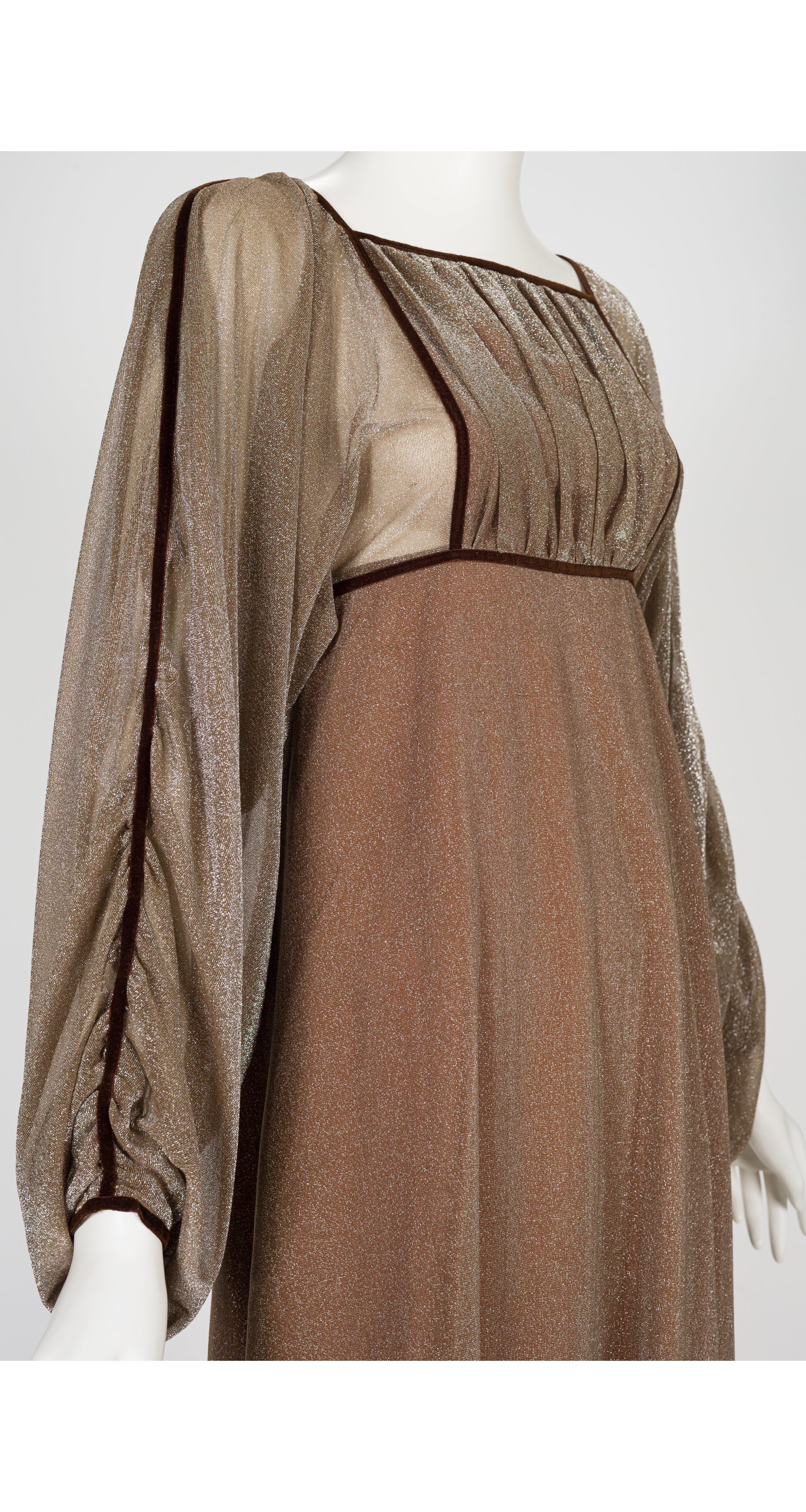 1970s Bronze Lurex Empire Waist Evening Gown