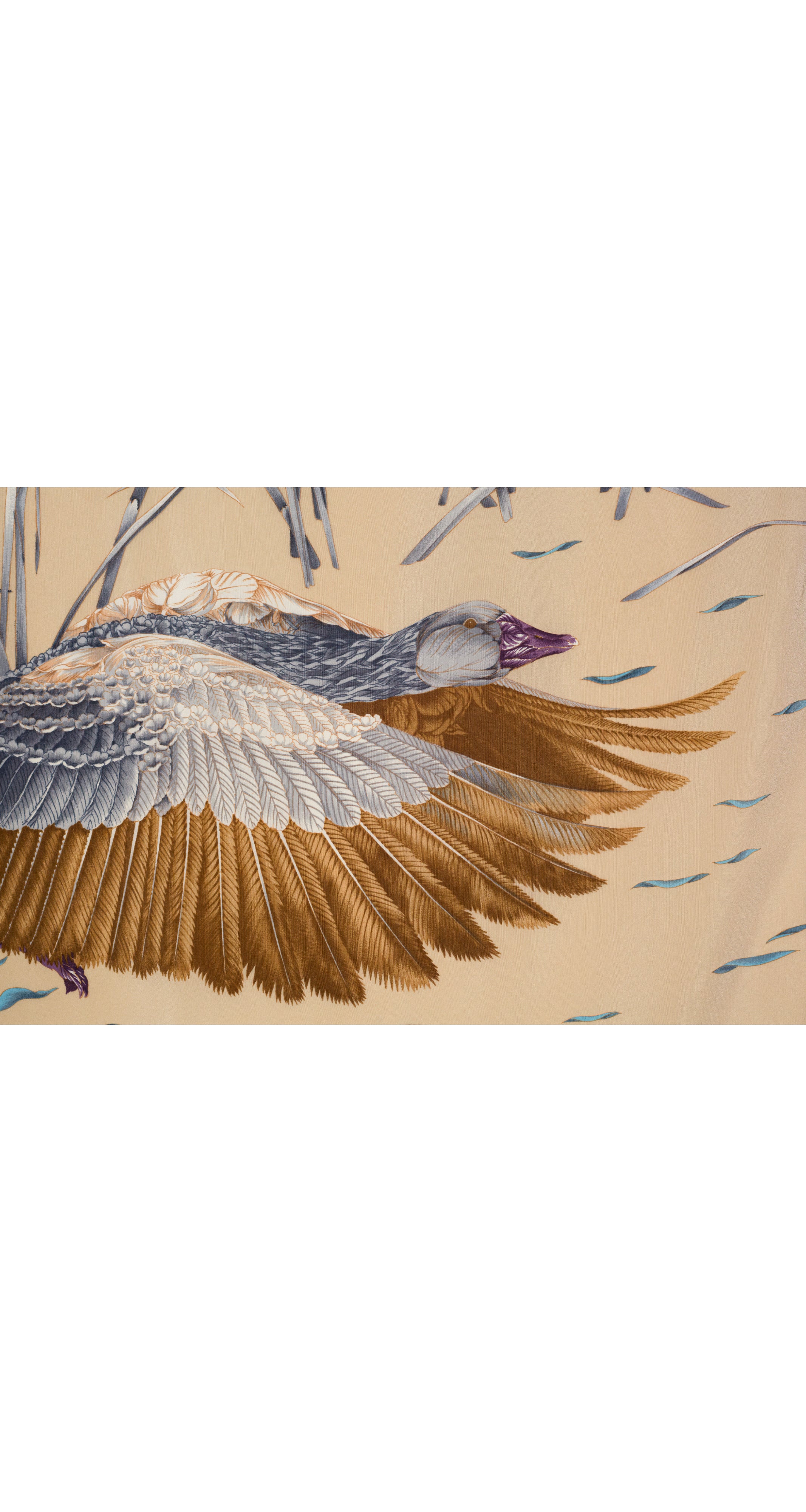 1980s Surrealist Duck Print Beige Silk Scarf